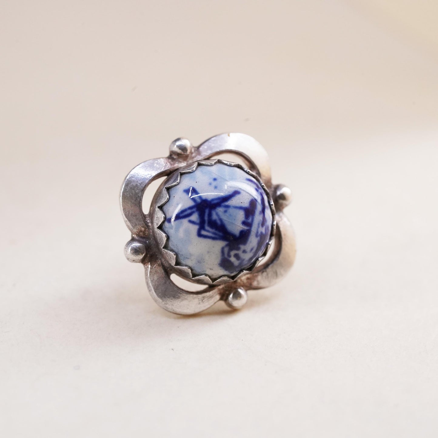 Vintage Holland DELFT Dutch Button Round Porcelain 835 Silver single earring