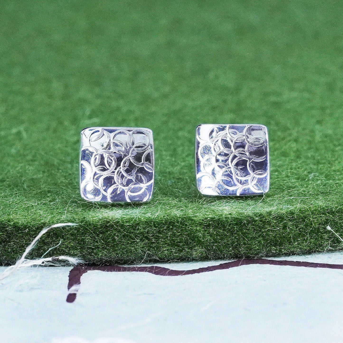 Vintage Sterling silver handmade earrings, 925 square studs textured embossed