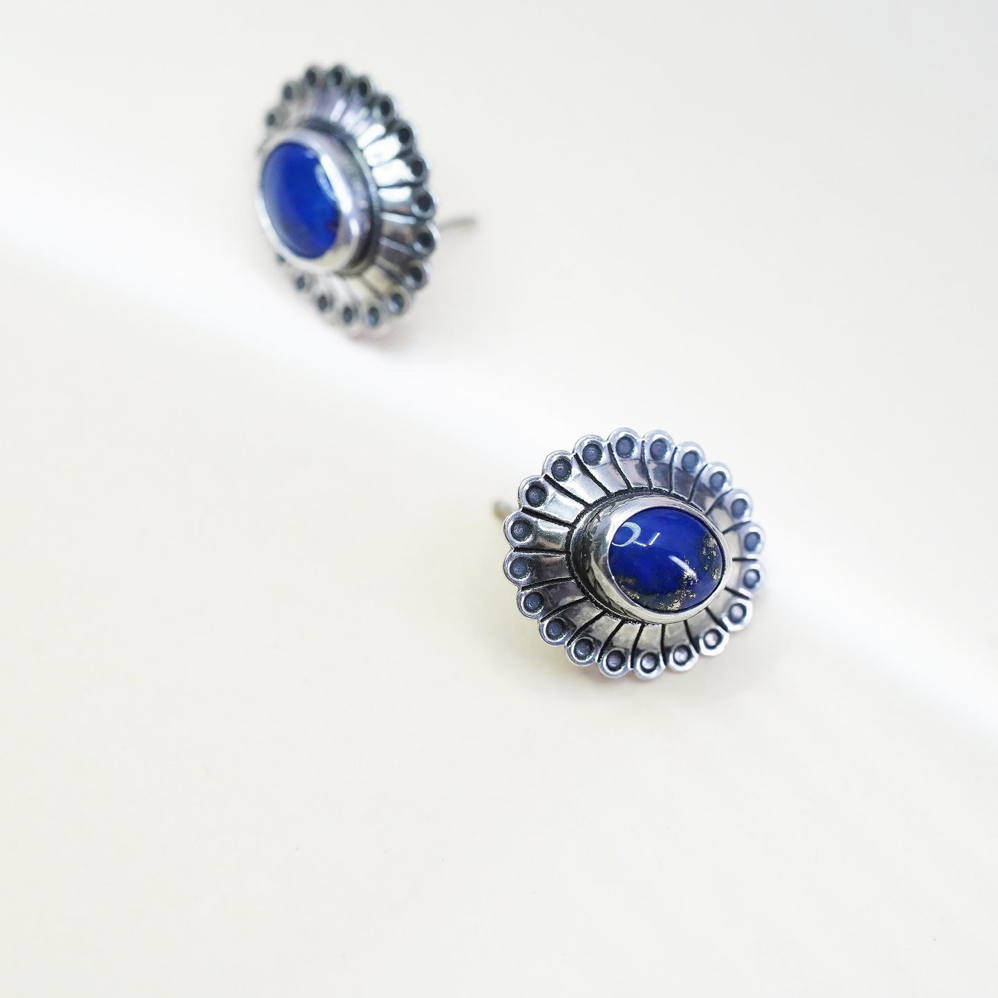 Vintage southwestern Sterling silver earrings, 925 oval studs with lapis lazuli