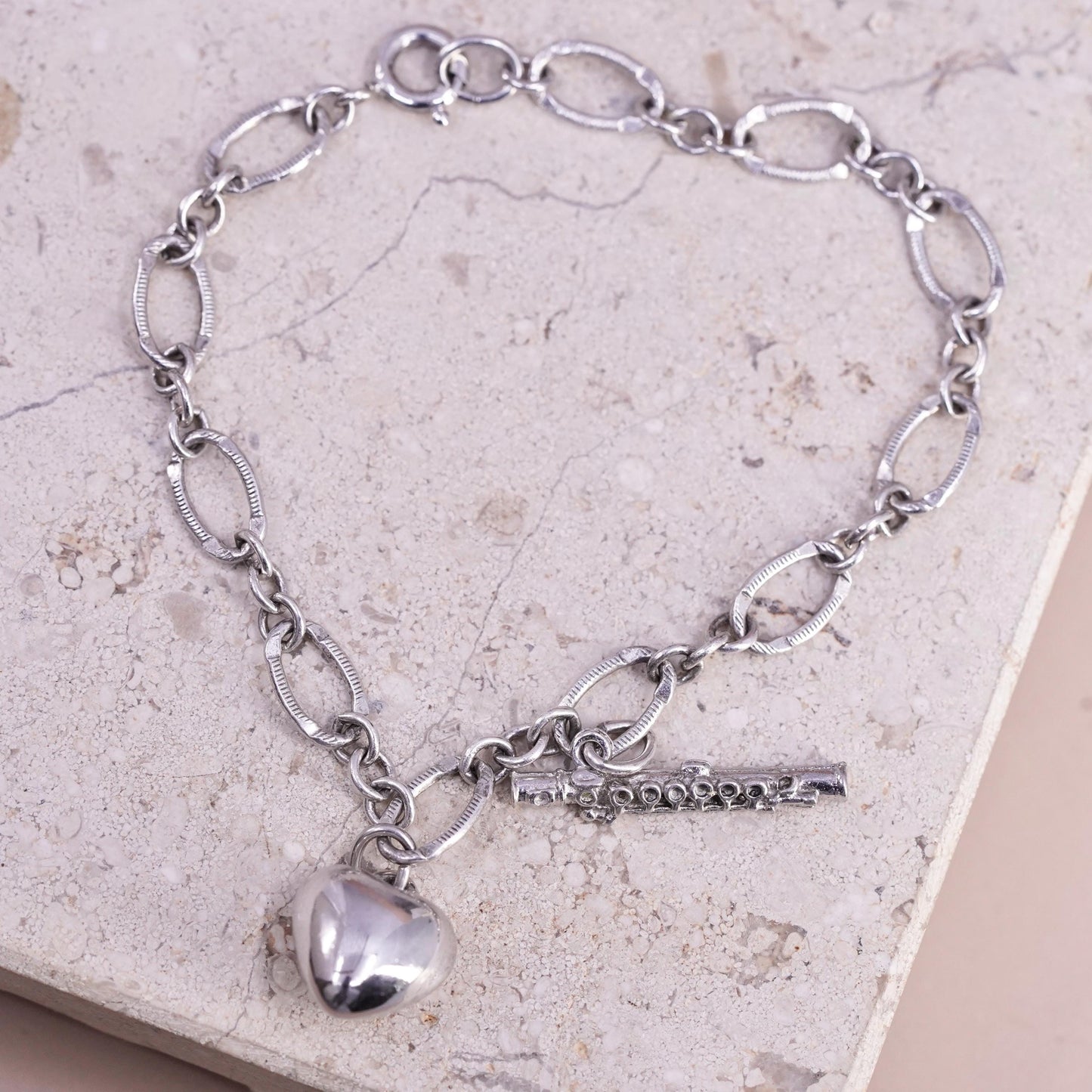 7", VTG Sterling silver handmade bracelet, 925 oval bracelet heart flute charms
