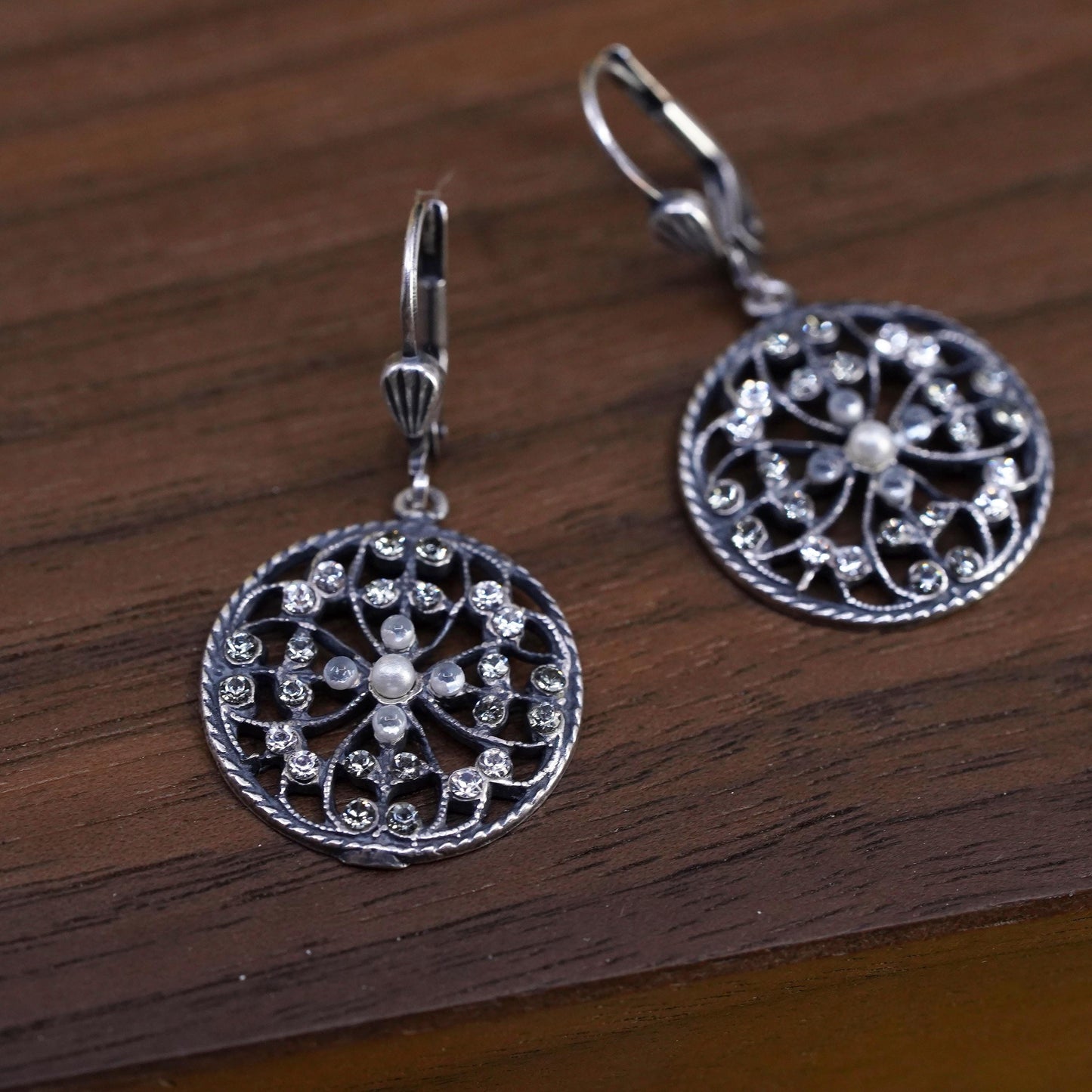 Vintage Sterling silver handmade earrings, 925 circle with cluster cz and pearl