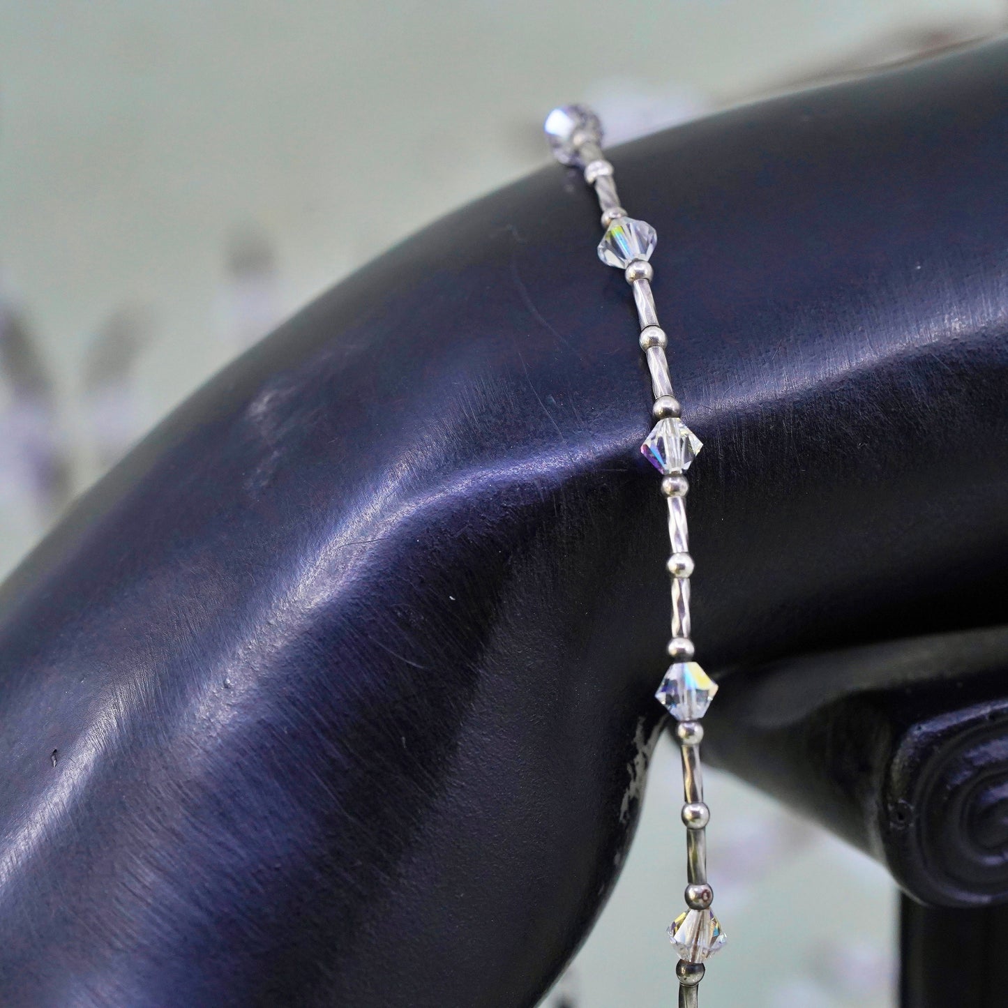 9", Vintage Handmade sterling silver anklet, 925 bar chain with crystal beads