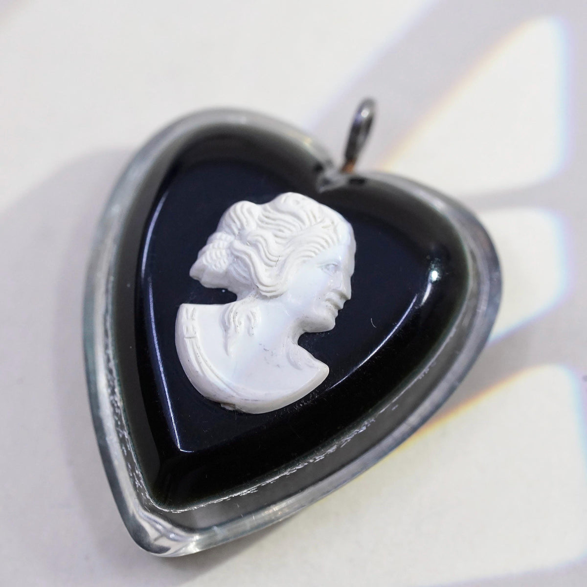 Vintage cameo girl black heart pendant