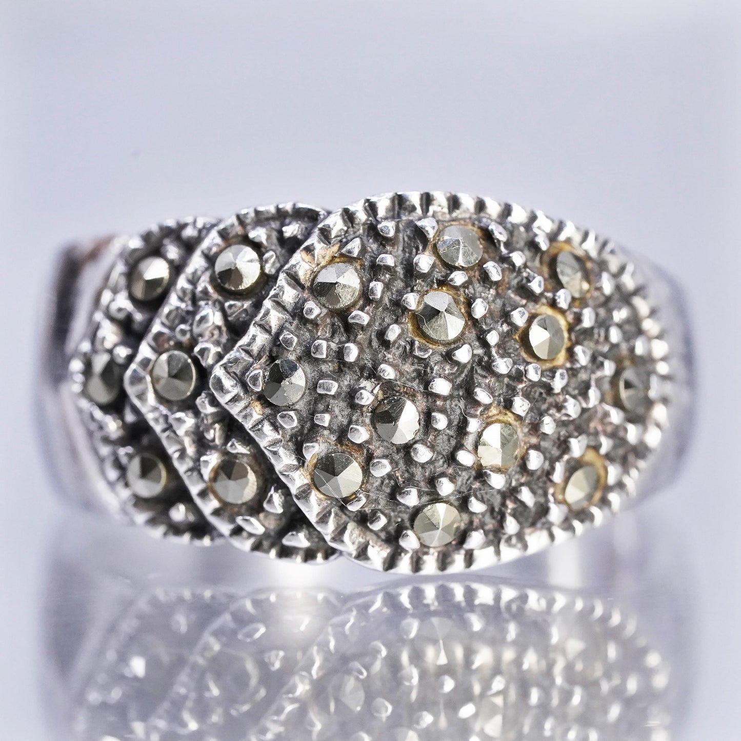 Size 8.25, VTG southwestern Sterling 925 silver ring, band w/ cluster marcasite