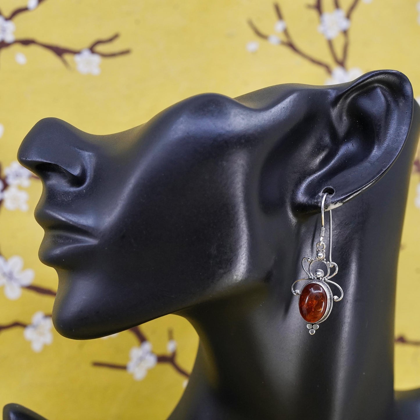 Vintage Sterling 925 silver handmade earrings with oval Amber