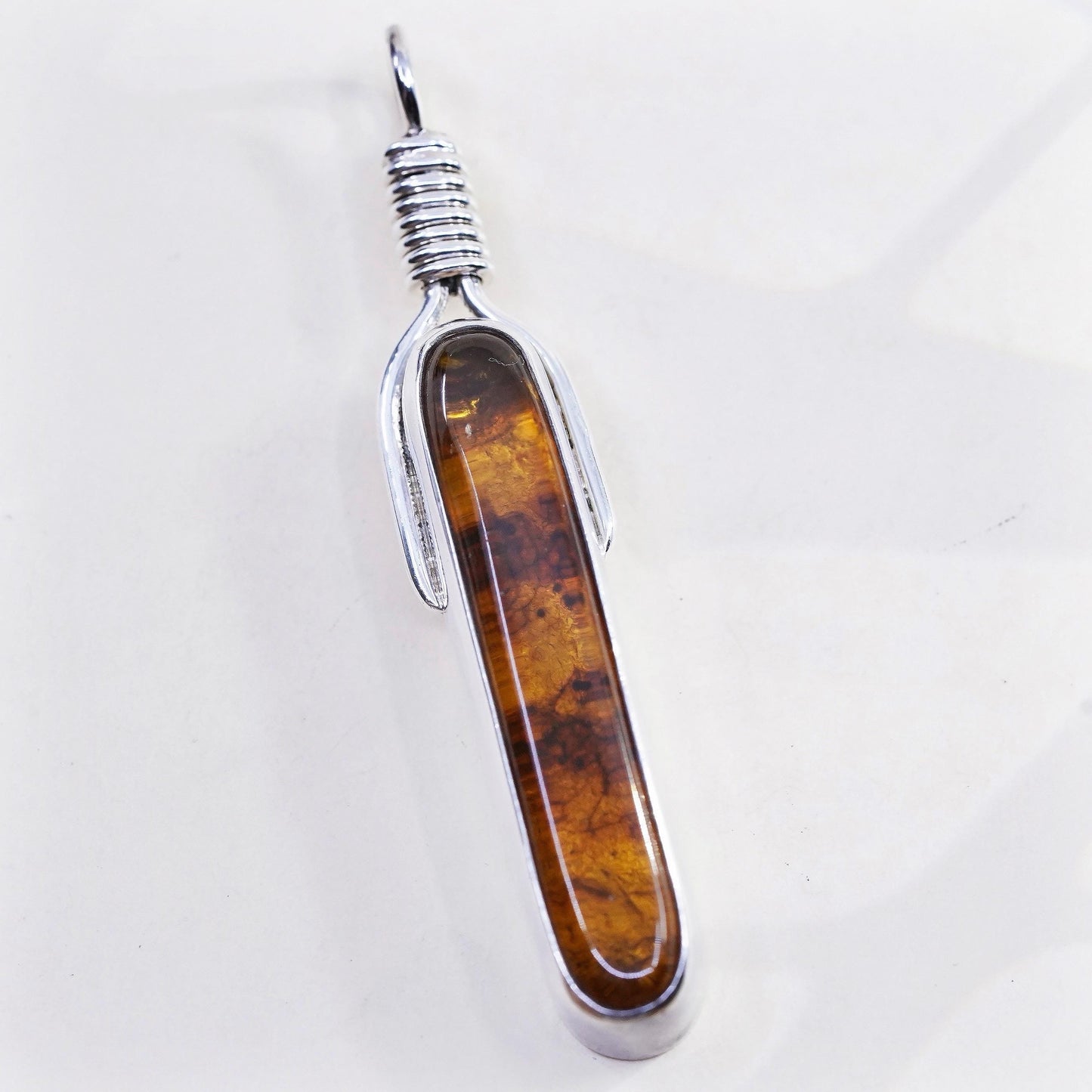 3” Vintage Signed James 950 Sterling silver handmade long pendant amber cable