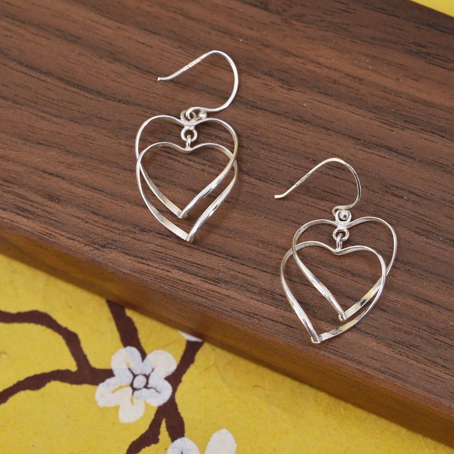 Vintage Sterling silver handmade earrings, 925 double heart