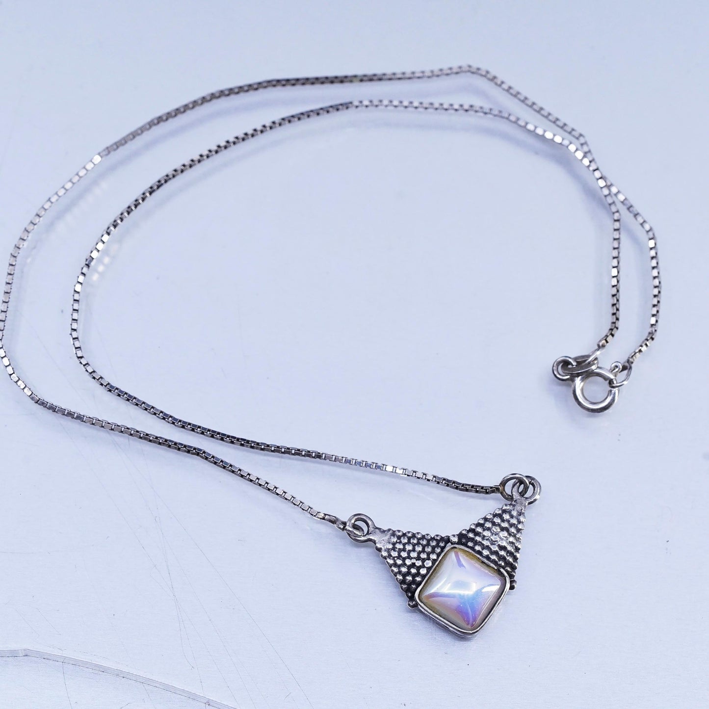 16”, vintage Sterling 925 silver handmade box chain necklace with pearl pendant