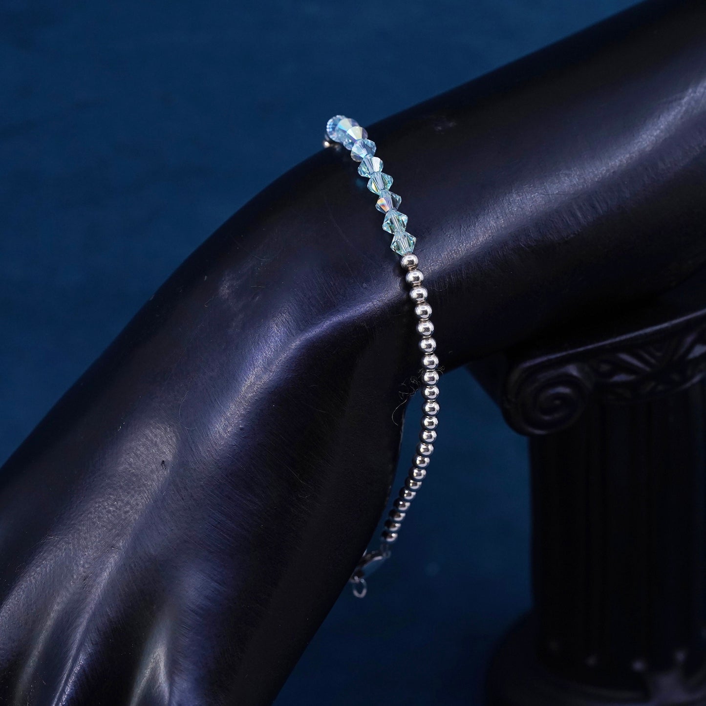 7.25”, vintage sterling 925 silver handmade beads bracelet with blue crystal