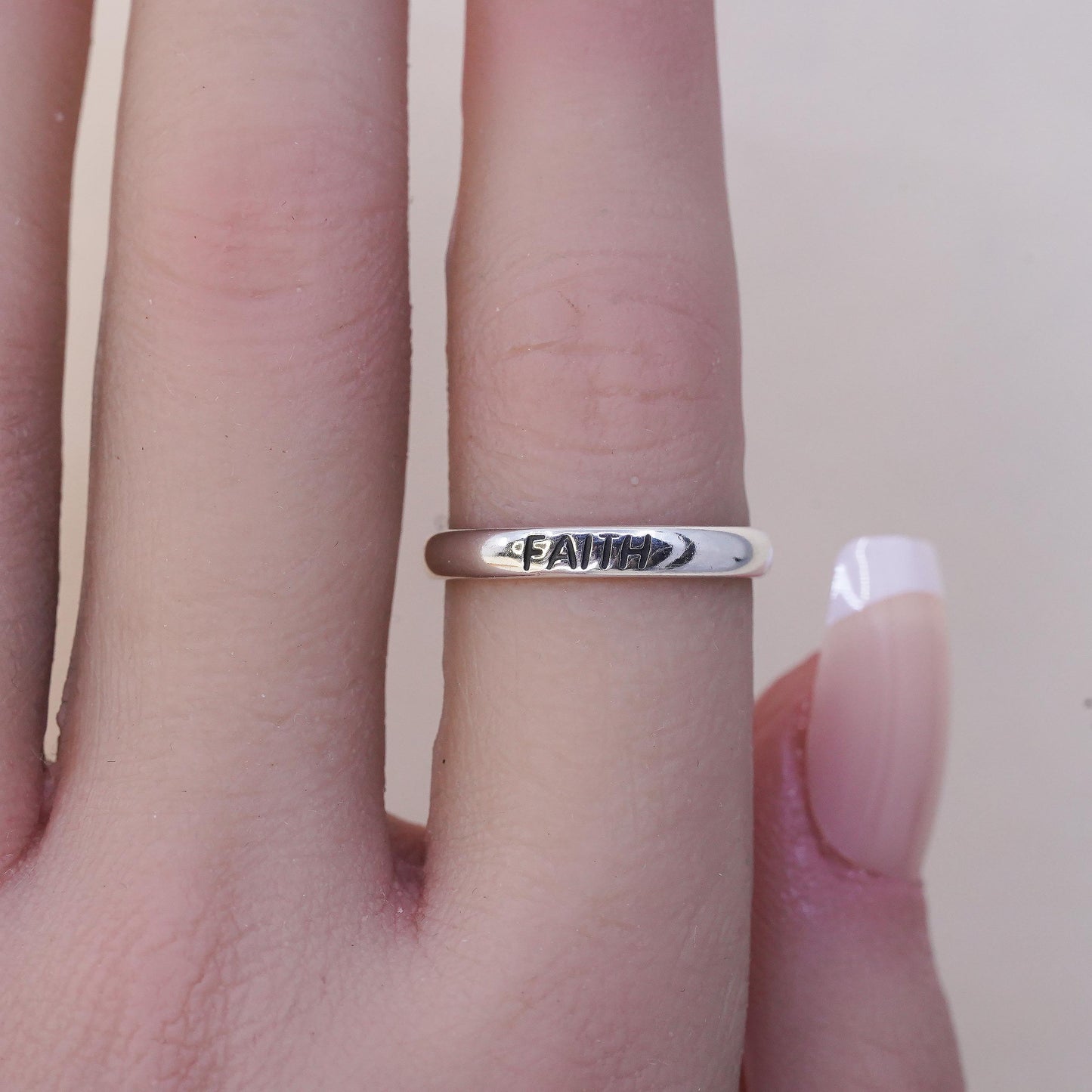 Size 7, vintage Sterling 925 silver handmade Faith ring stackable band