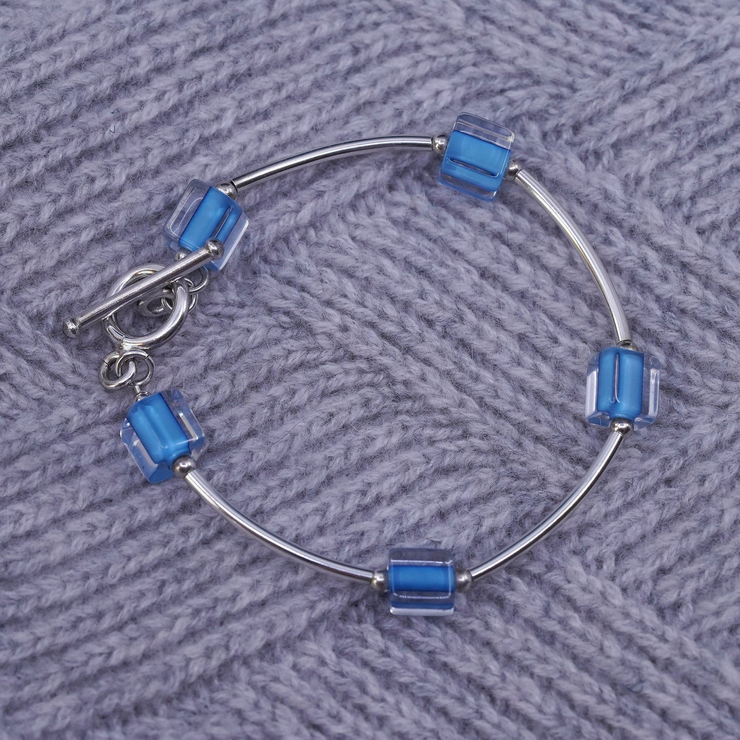 7", vintage Sterling silver handmade bracelet, 925 arched bar with blue crystal