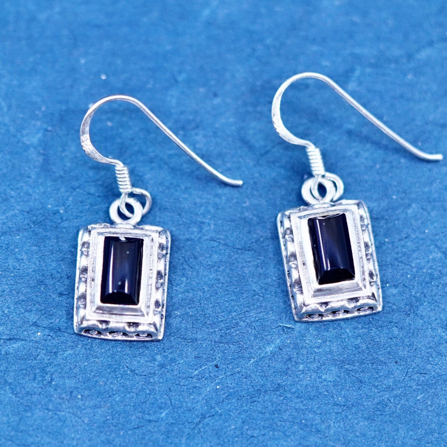 Vintage sterling 925 silver handmade earrings with rectangular obsidian