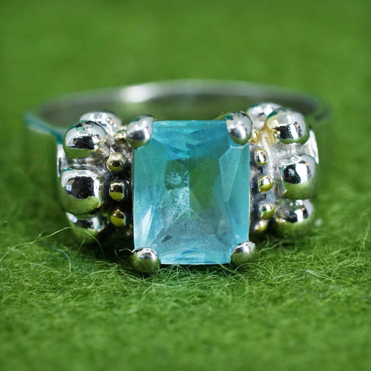 Size 7, two tone Sterling silver ring, 925 band topaz and 14K yellow gold beads