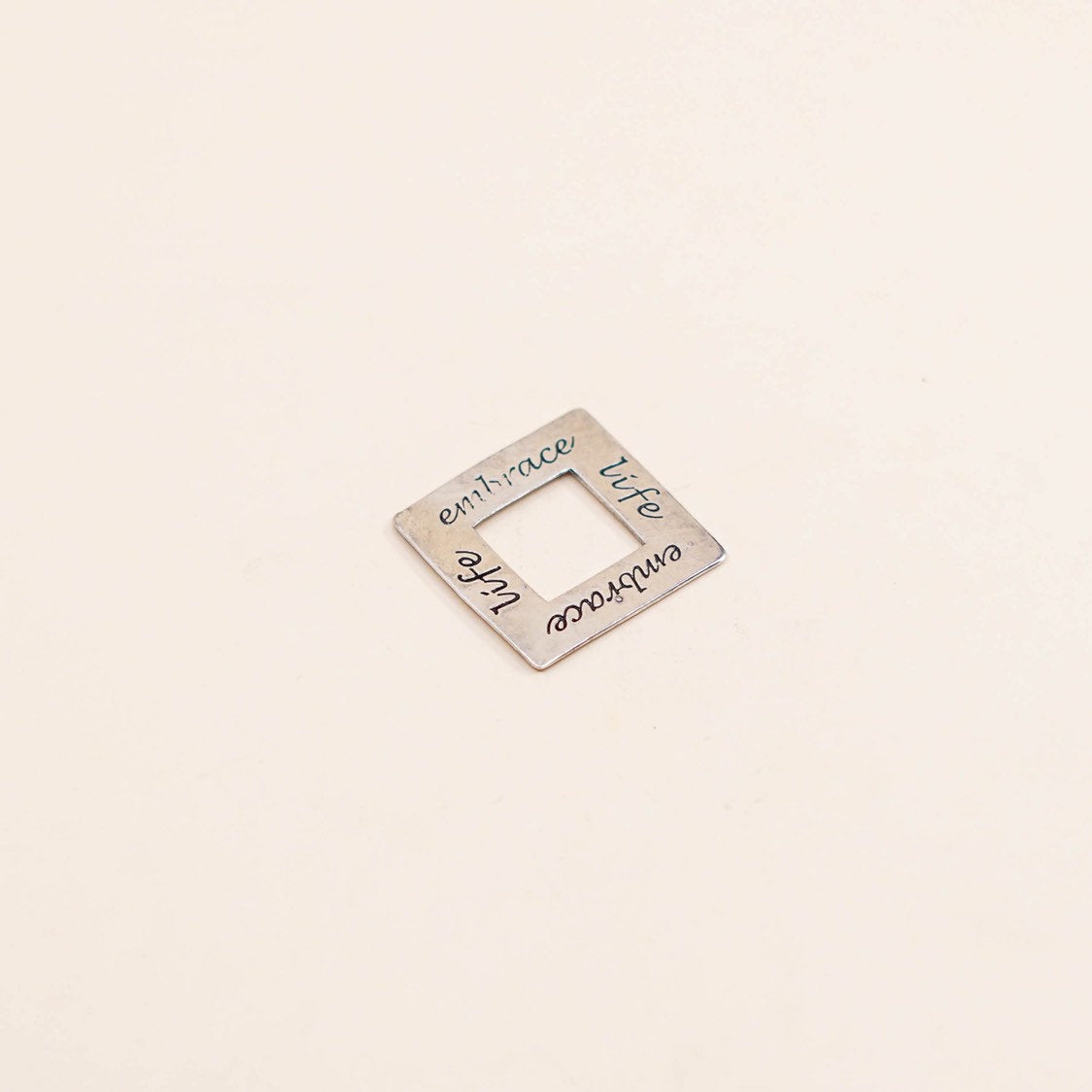 vtg Sterling silver handmade pendant, Hammered 925 square embossed embrace life