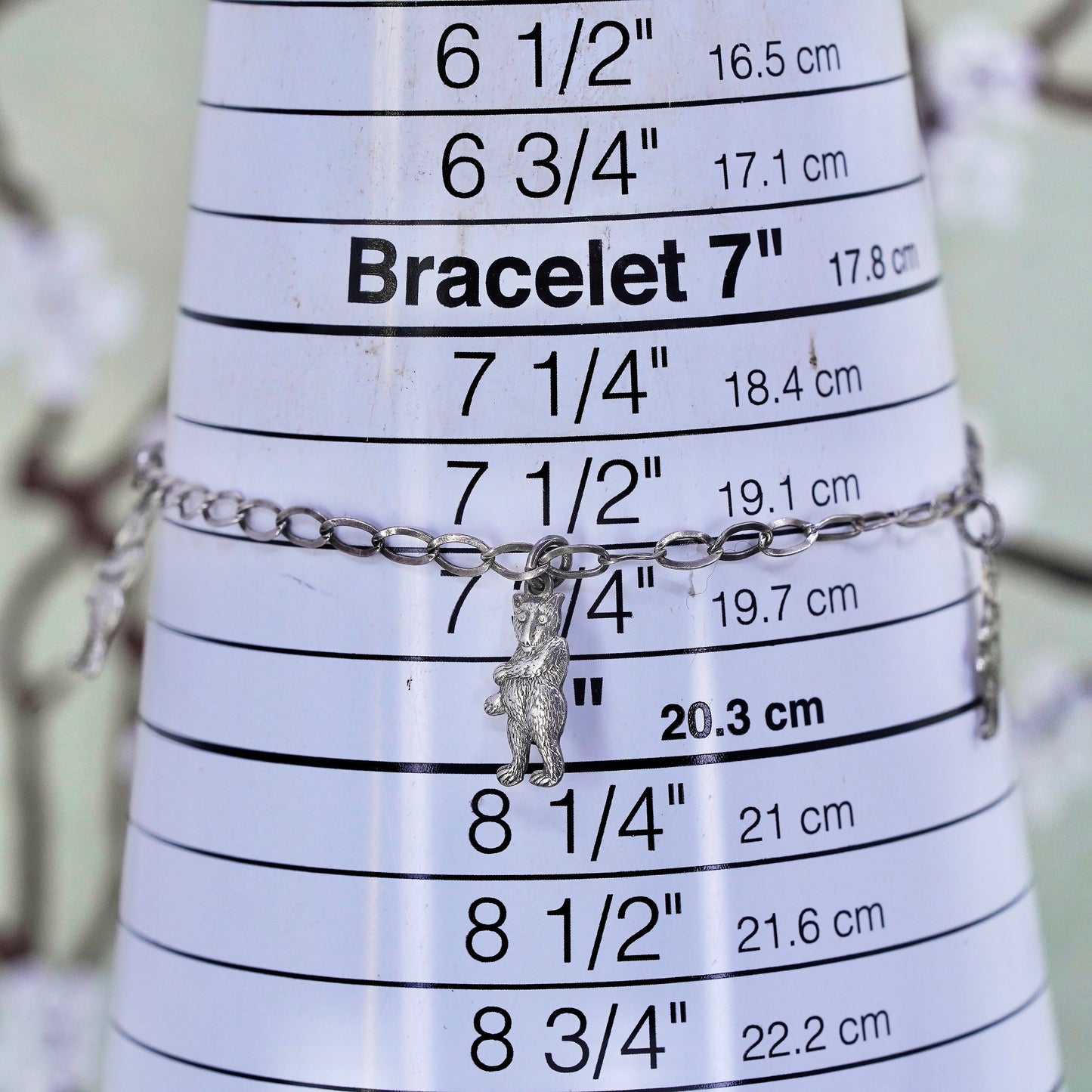 7.5” 3mm, Vintage sterling 925 silver twisted curb bracelet with bear charms