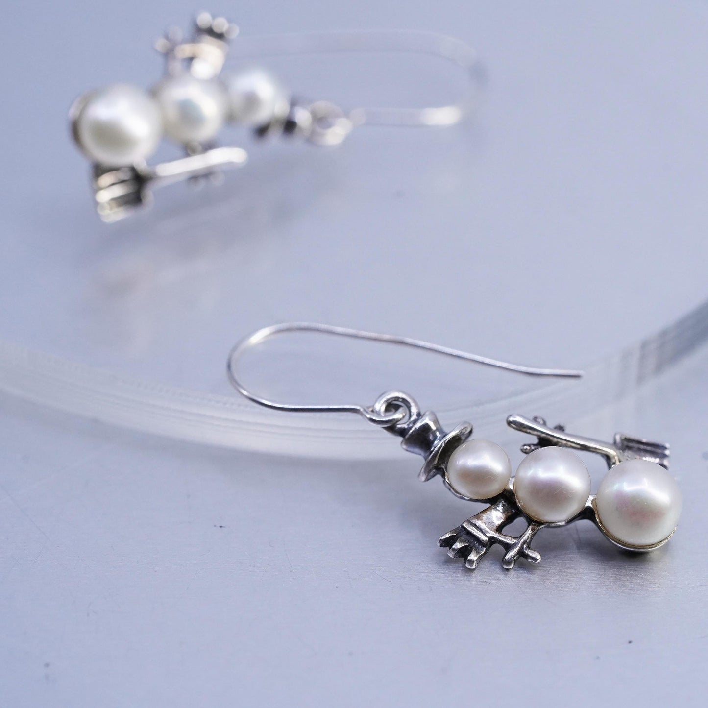 Vintage Silpada 925 Sterling Silver Snowman Earrings w/ Triple-Drop Pearl W1001
