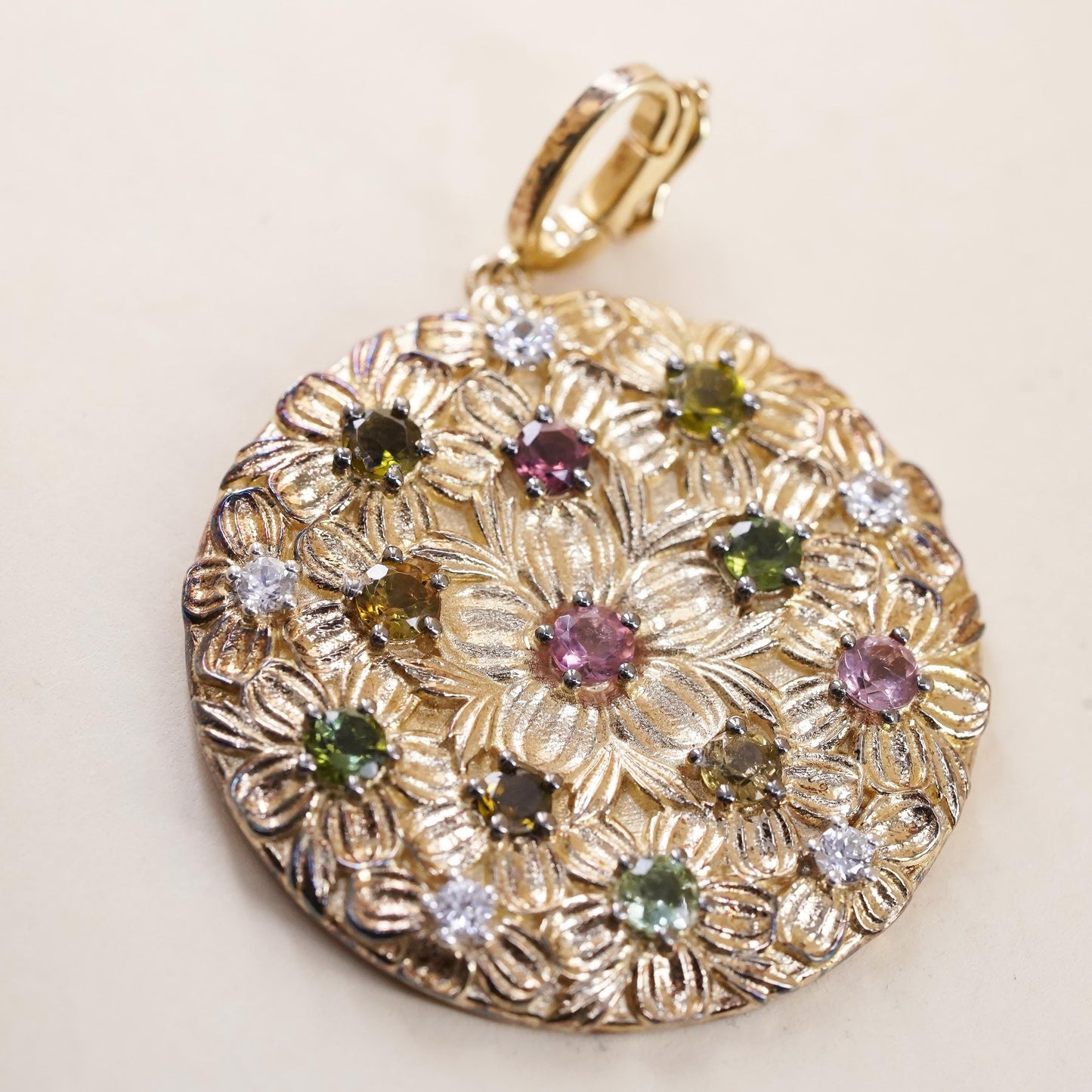 Vintage gold plated Sterling 925 silver textured flower pendant multi gemstones