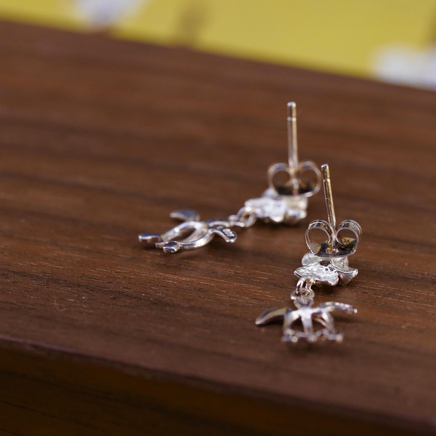 Vintage Sterling silver earrings, 925 plumeria flower studs with turtle dangles