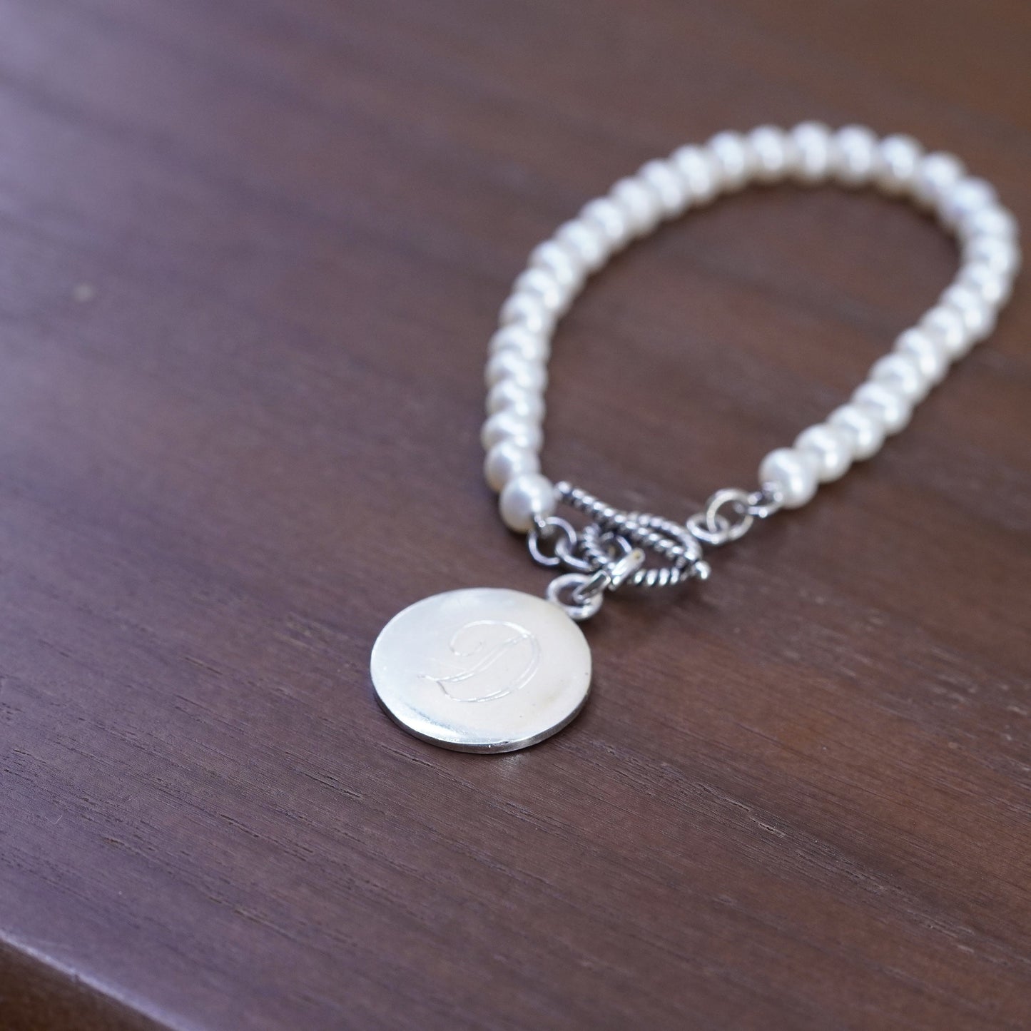 6.25”, Sterling silver handmade bracelet, freshwater pearl 925 charm engraved D