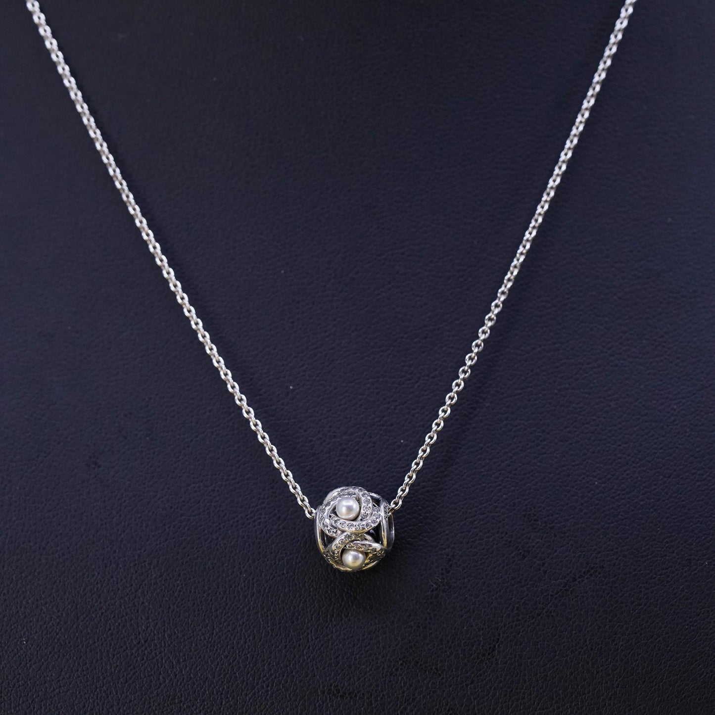 16+2”, ALE Pandora Sterling 925 silver necklace, circle pearl charm pendant