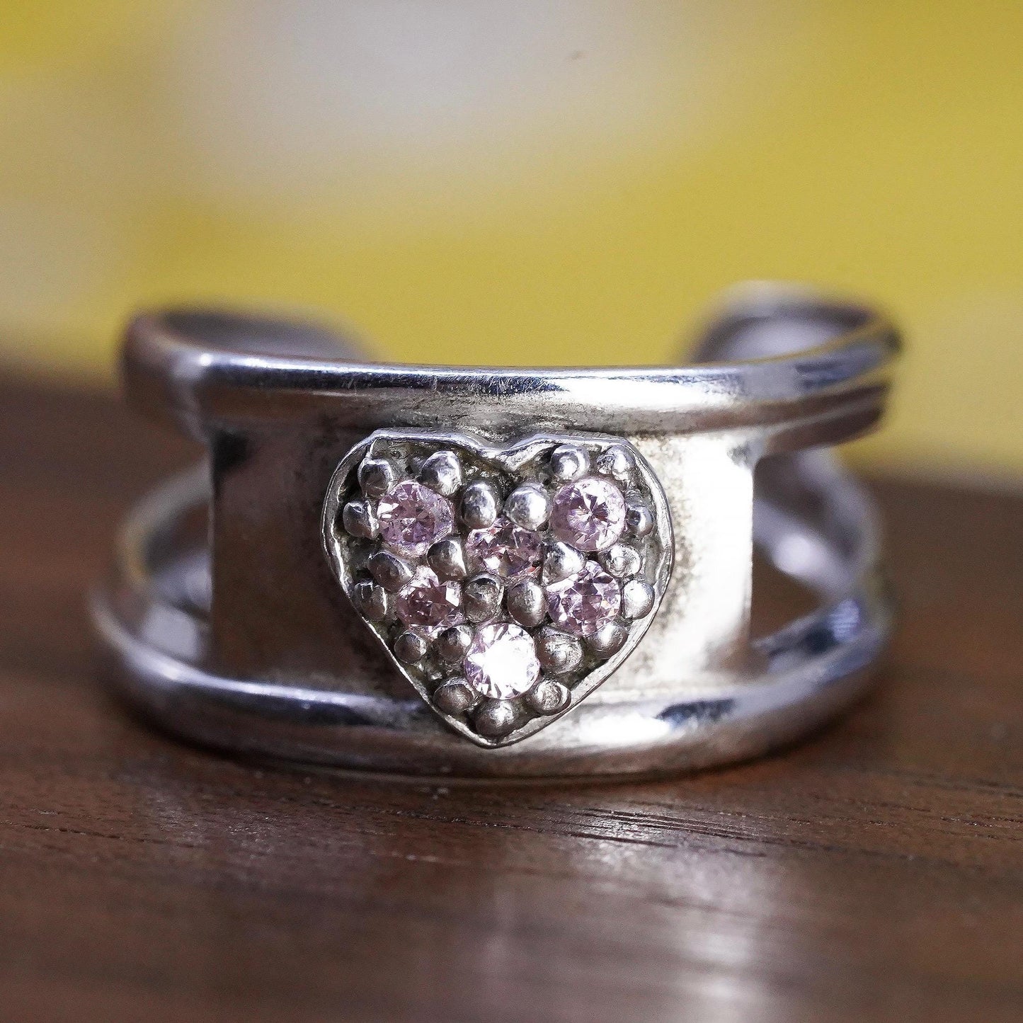 Size 4, Vintage Sterling silver handmade ring, 925 open band with pink cz heart