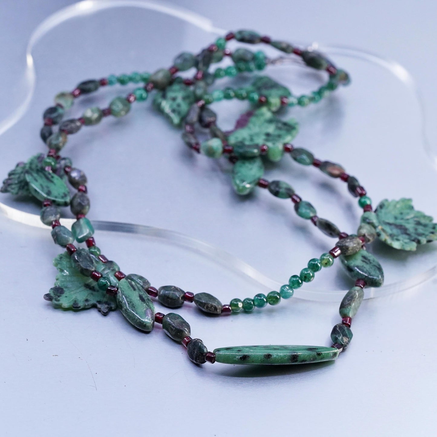 18", vintage Sterling 925 silver necklace carved Ruby in Zoisite leaves beads