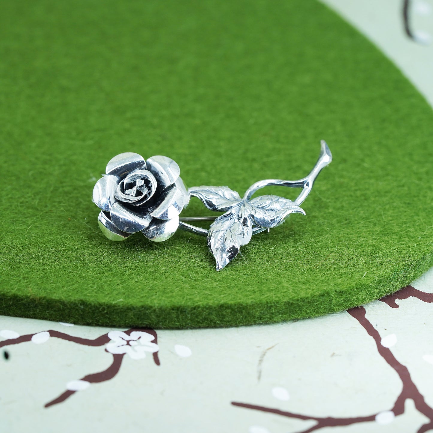 Vintage sterling silver handmade rose flower brooch, 925 silver brooch