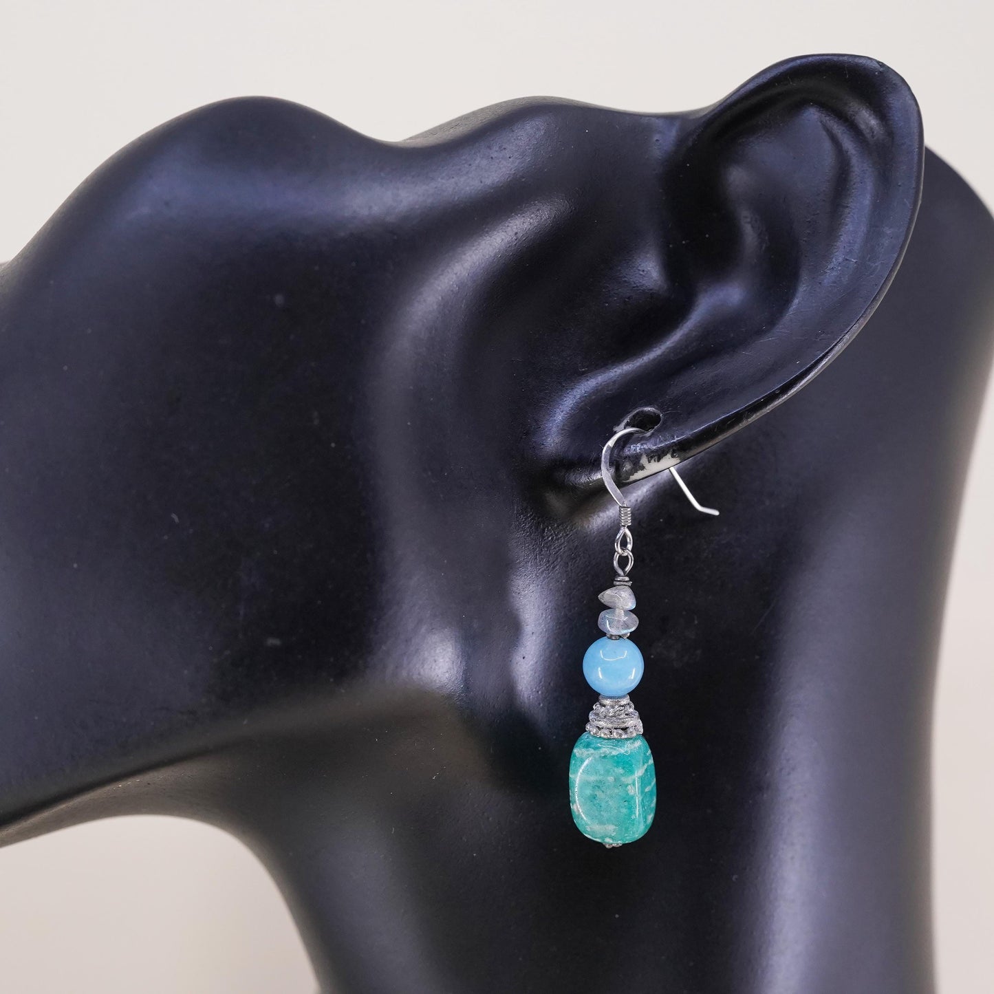 Southwestern sterling silver 925 handmade earrings w/ jade nugget larimar beads