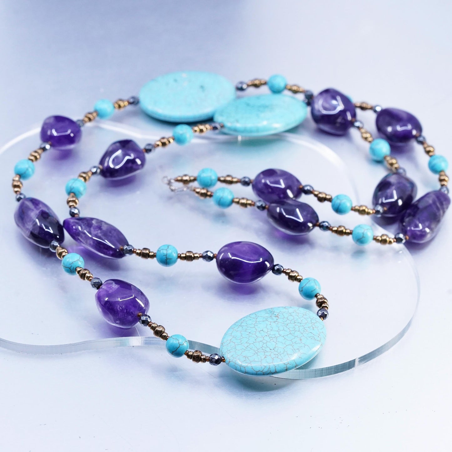30", turquoise amethyst nugget beads necklace with sterling silver 925 brass