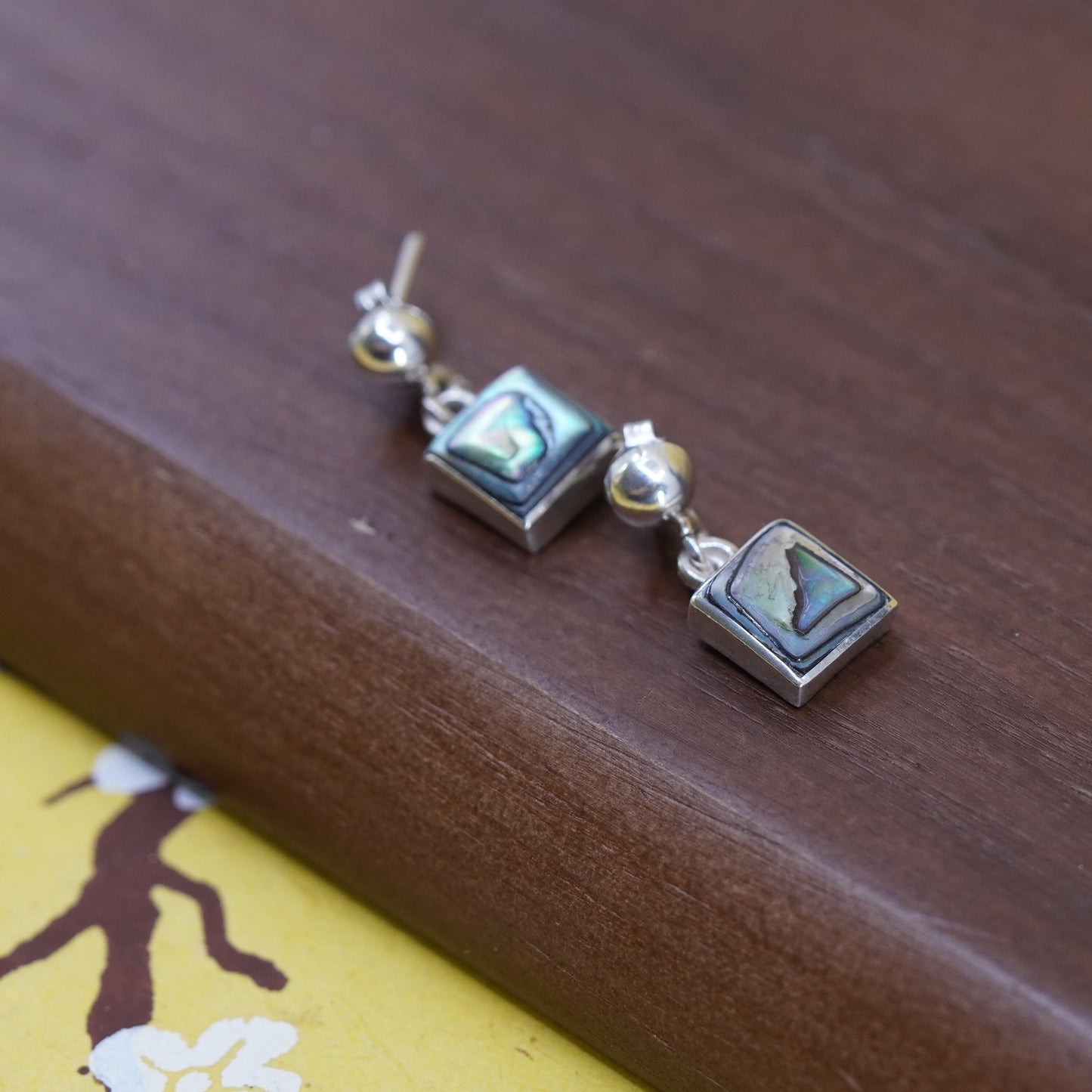 Vintage Mexico Sterling silver handmade earrings, 925 square dangle w/ abalone