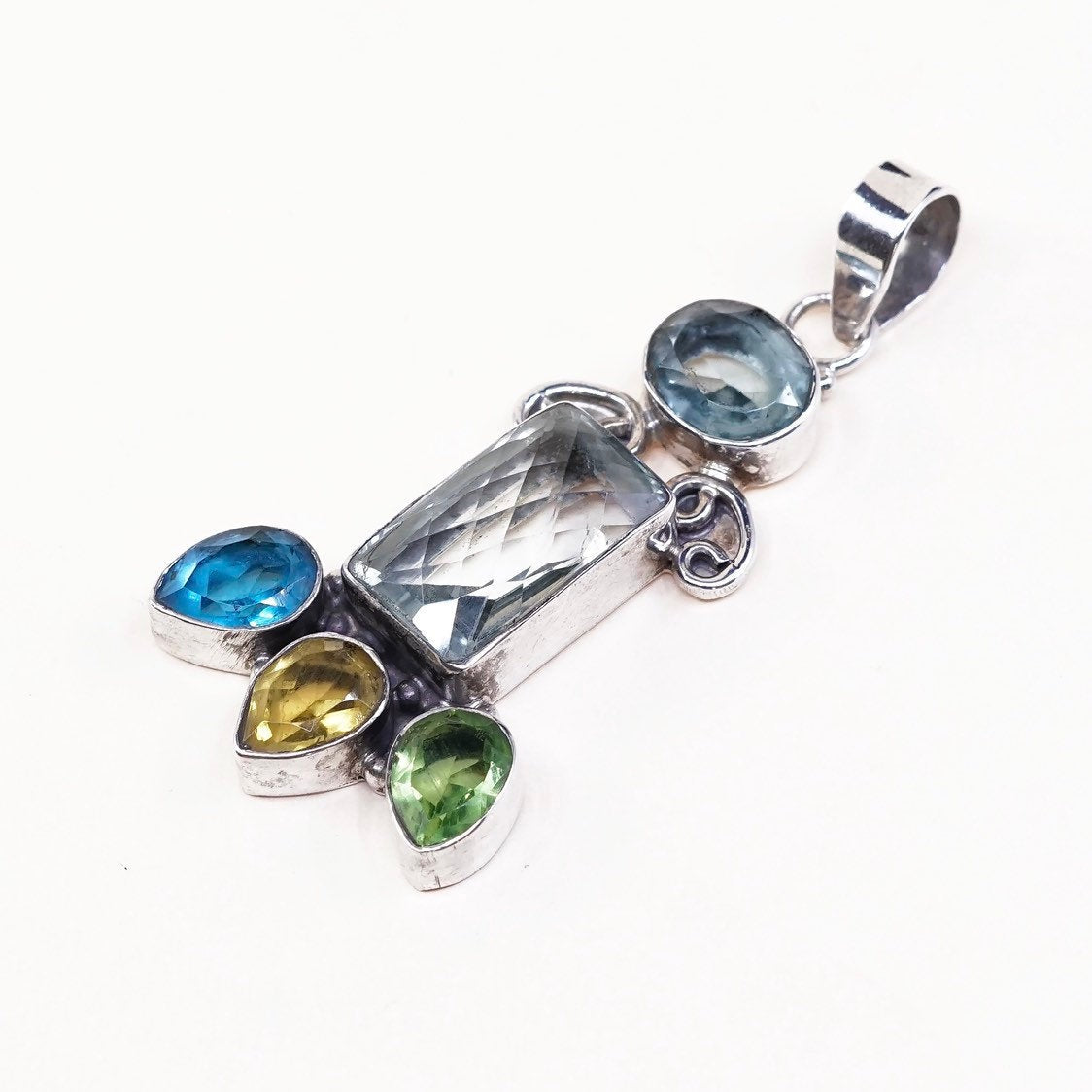 VTG Sterling silver handmade pendant, 925 w/ cushion cut colorful crystal