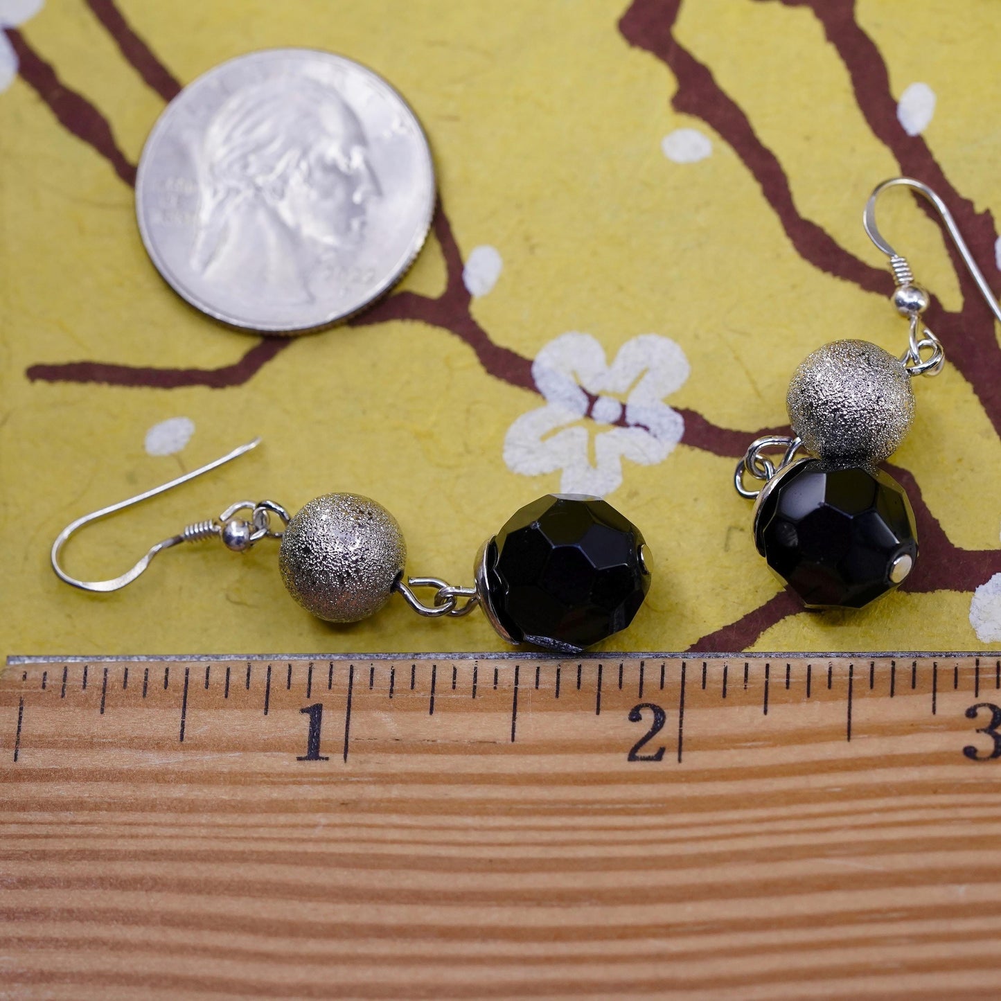 Vintage Sterling 925 silver handmade earrings with glitering onyx beads