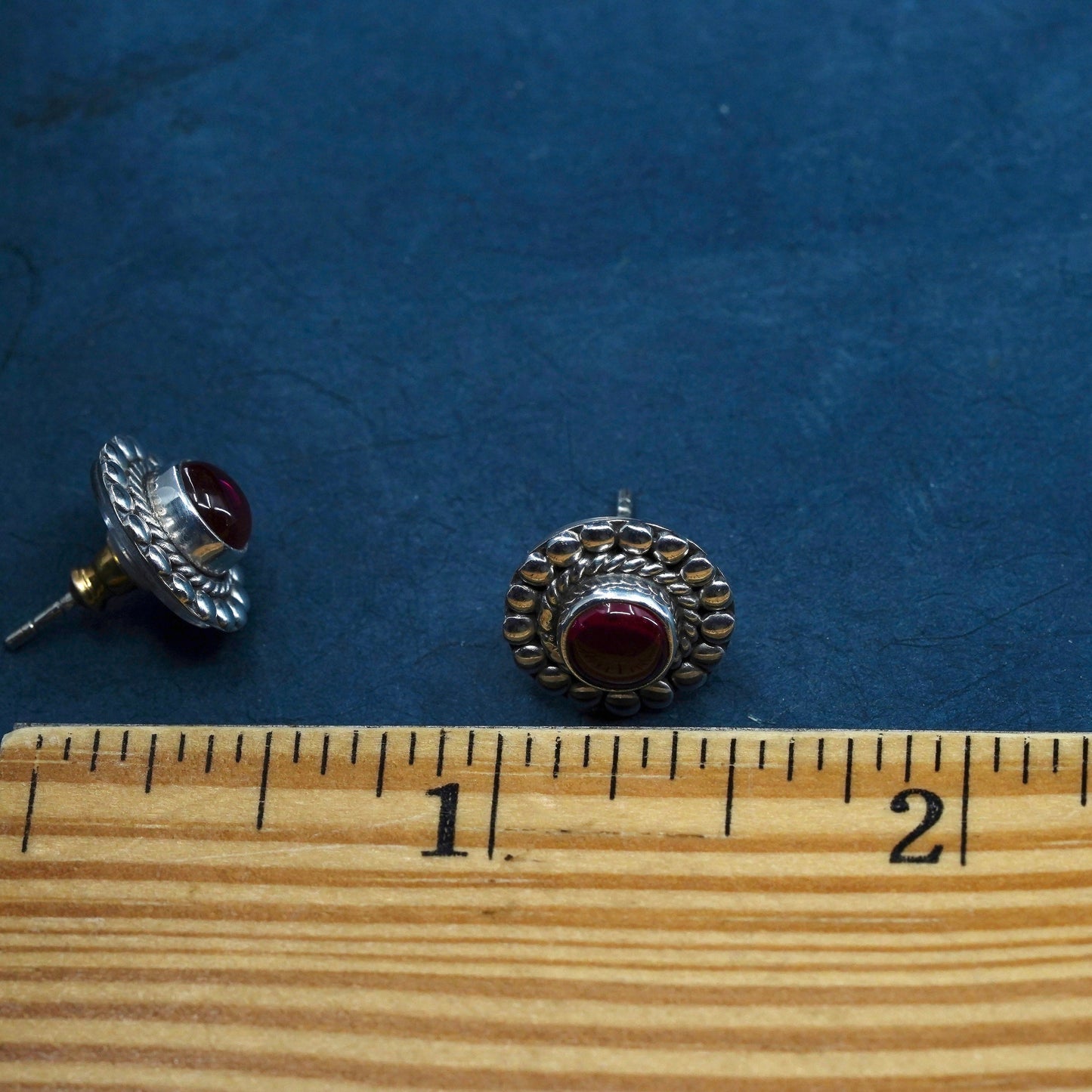 Vintage sterling silver handmade earrings, 925 studs with garnet