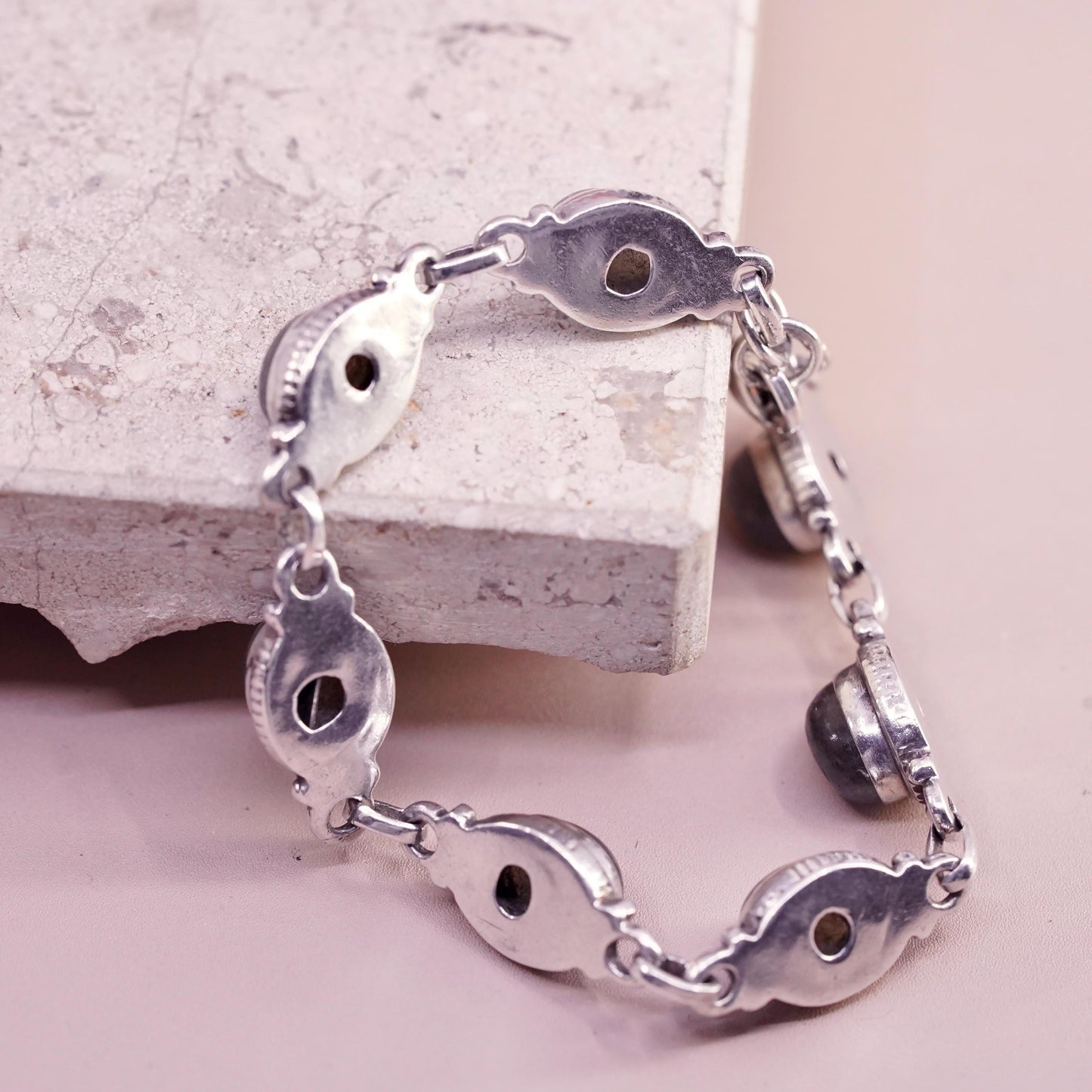 7.25", vintage sterling 925 silver handmade bracelet with moonstone