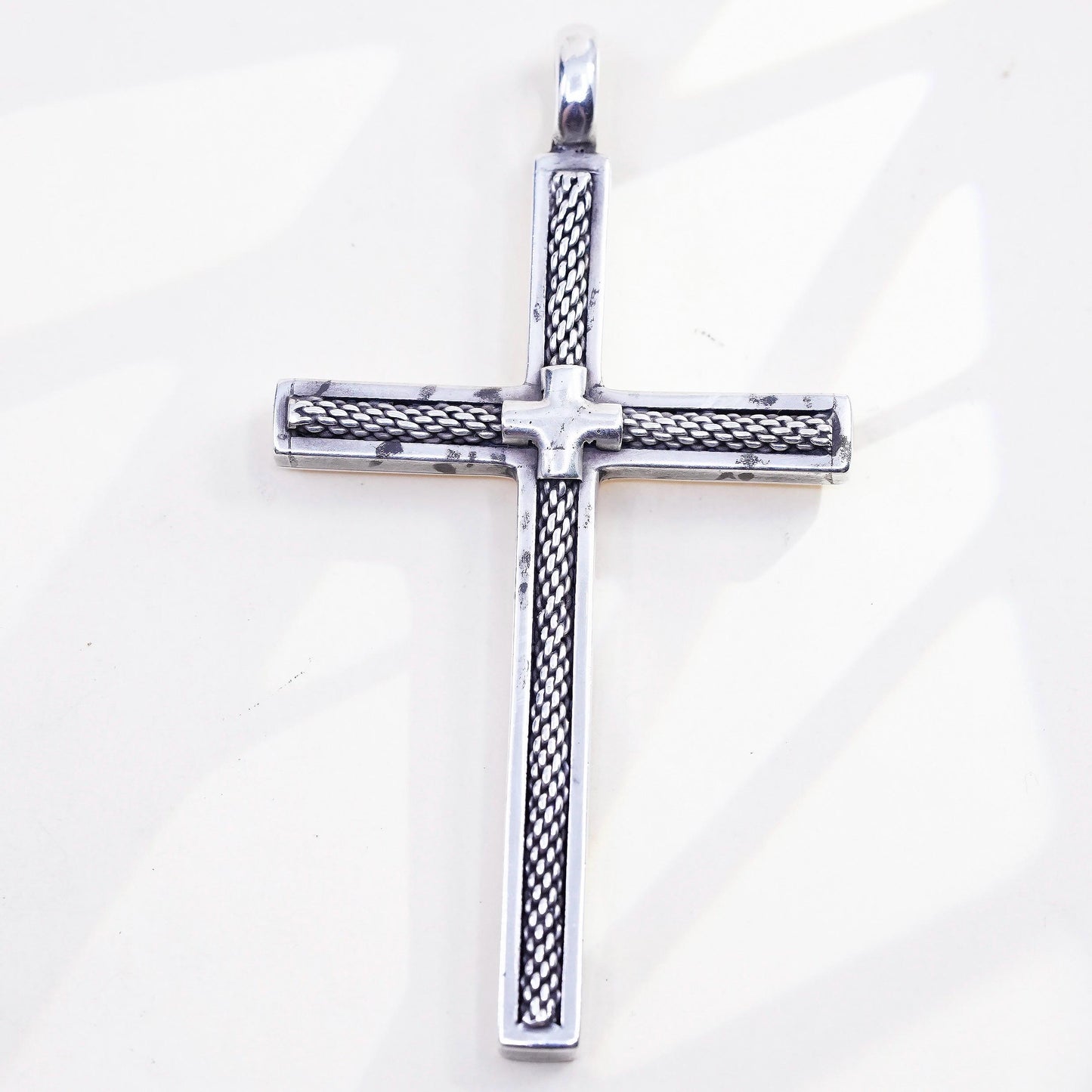 3” Vintage sterling silver handmade pendant, huge textured 925 cross