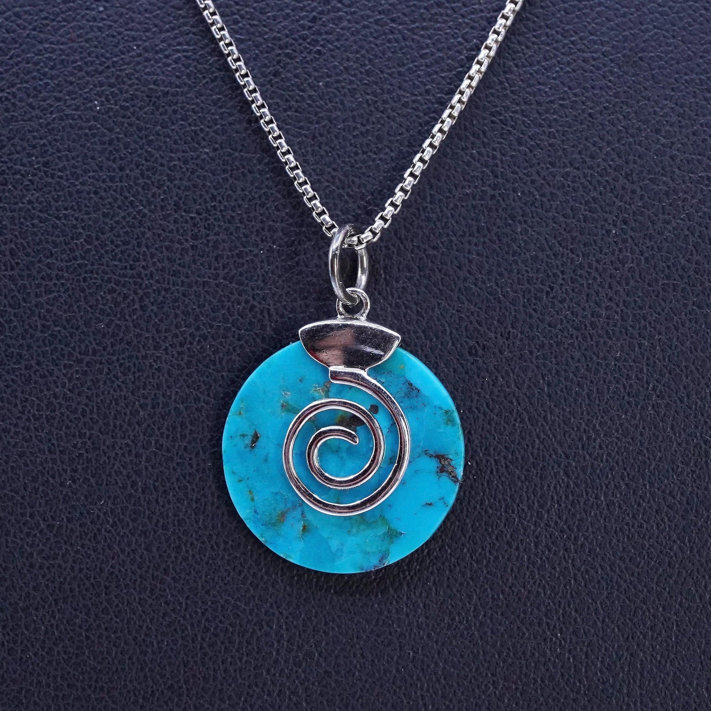 18", vintage Sterling 925 silver box necklace with turquoise circle pendant