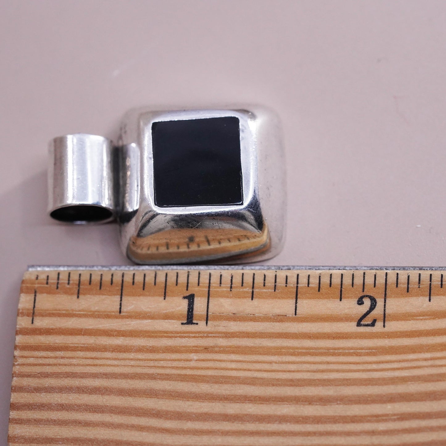 Vintage Sterling 925 silver handmade square pendant with onyx