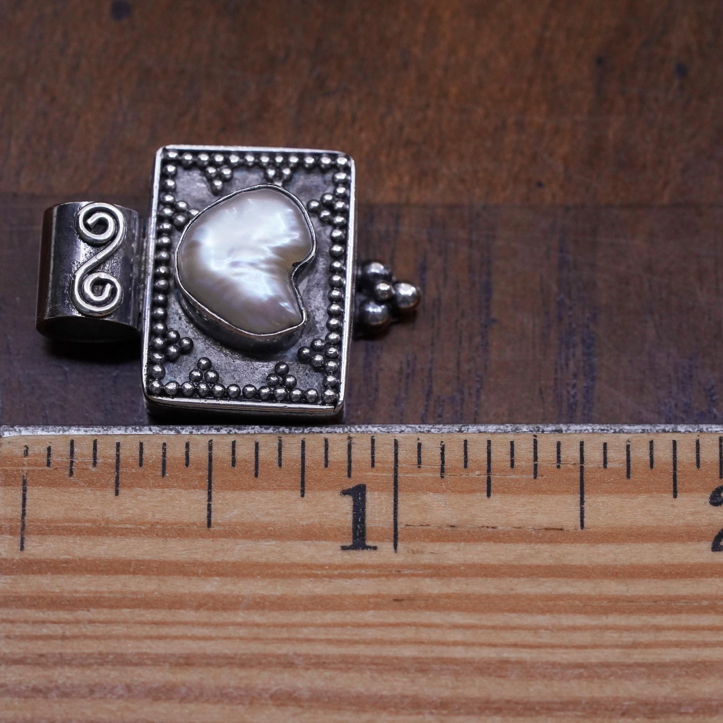 Vintage Sterling silver handmade pendant, 925 Bali square with heart pearl