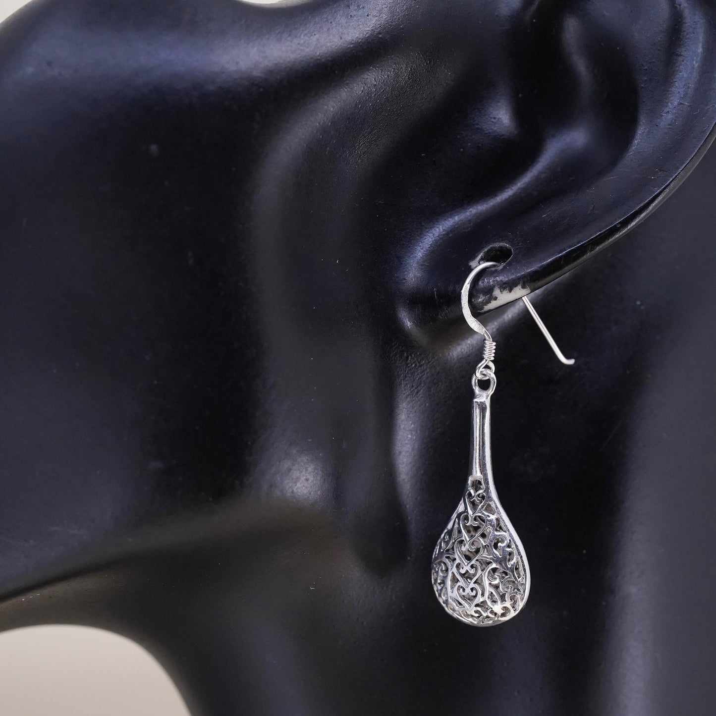 Vintage sterling silver handmade earrings, 925 filigree teardrops