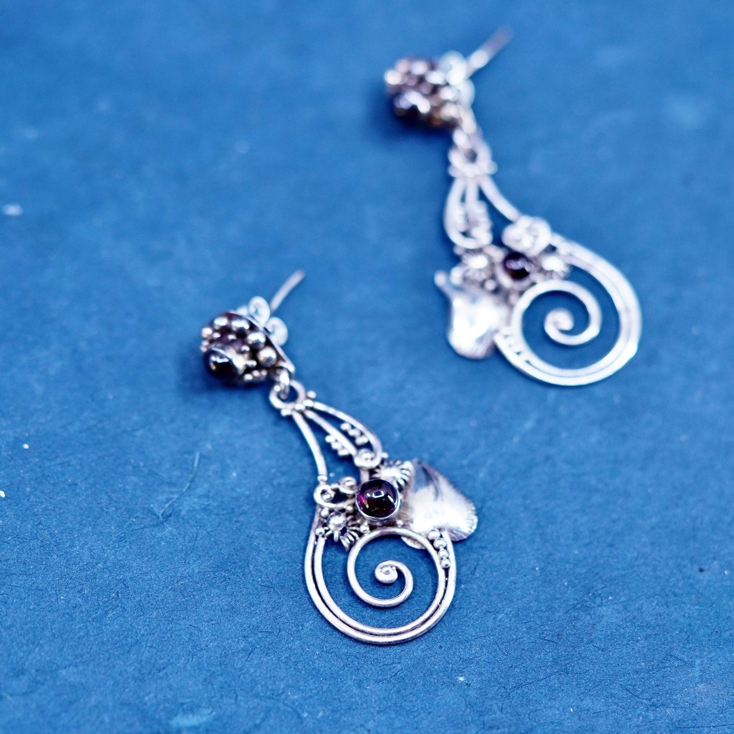 Vintage sterling 925 silver handmade swirly earrings with garnet beads
