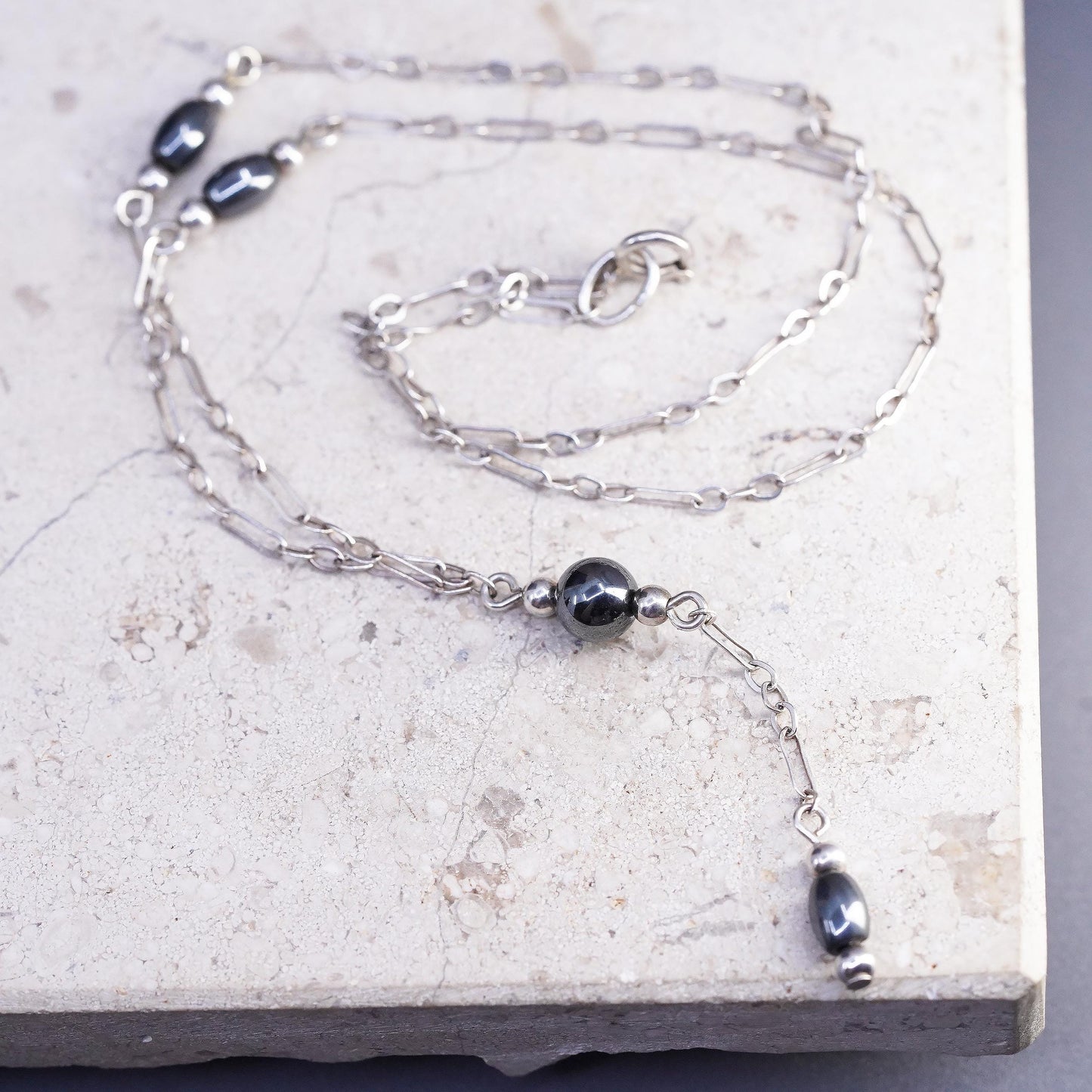 16", vintage Sterling silver necklace, 925 elongated chain hematite beads