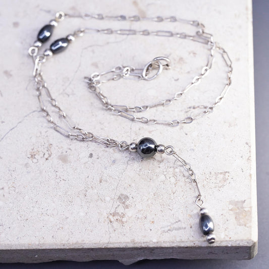 16", vintage Sterling silver necklace, 925 elongated chain hematite beads