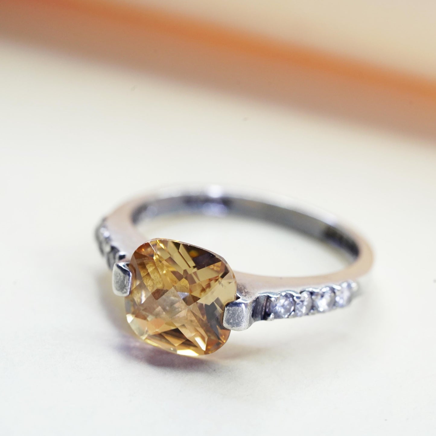 Size 8, vintage Sterling 925 silver handmade ring w/ square citrine cluster cz