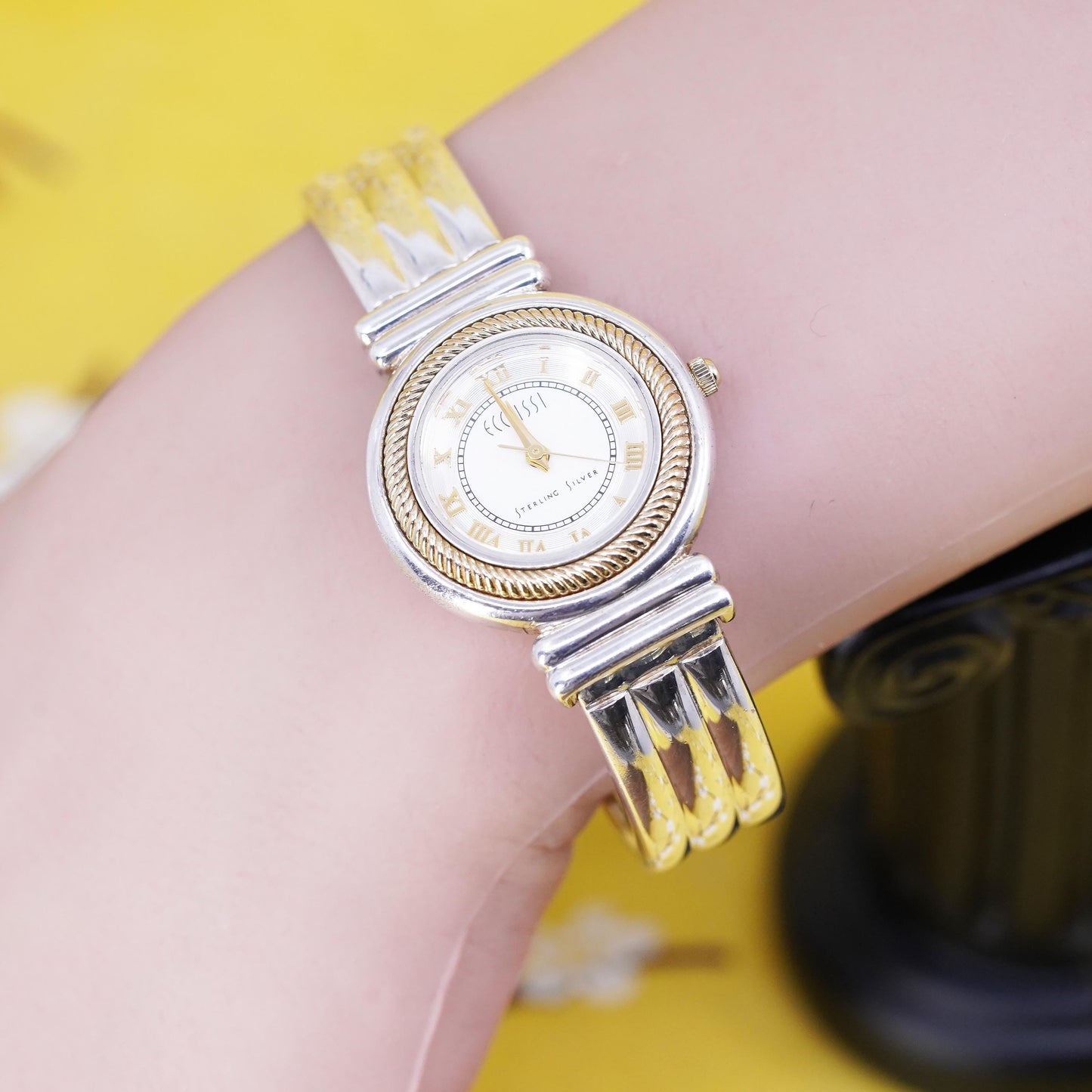 Ecclissi round face watch with sterling 925 silver watch band gold cable