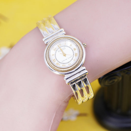 Ecclissi round face watch with sterling 925 silver watch band gold cable