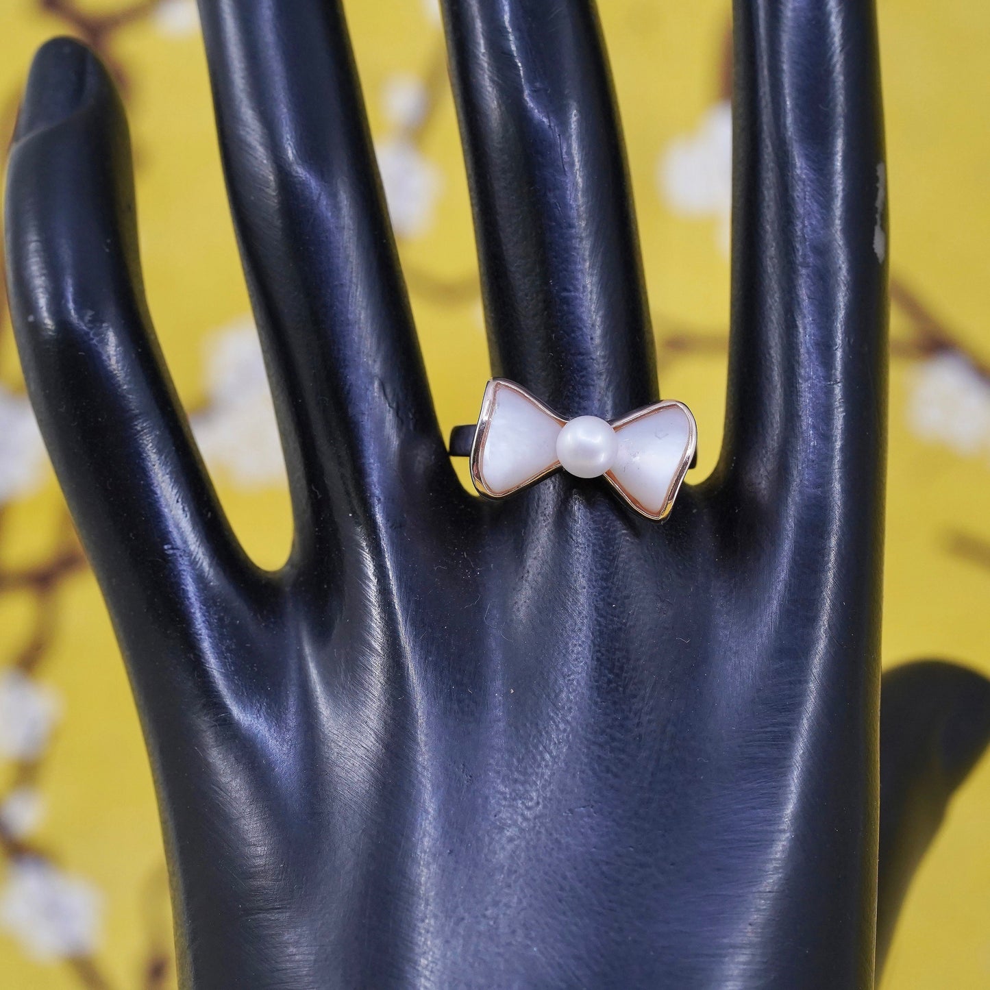 Size 9.25, vermeil rose gold Sterling 925 silver ribbon bow tie ring with pearl