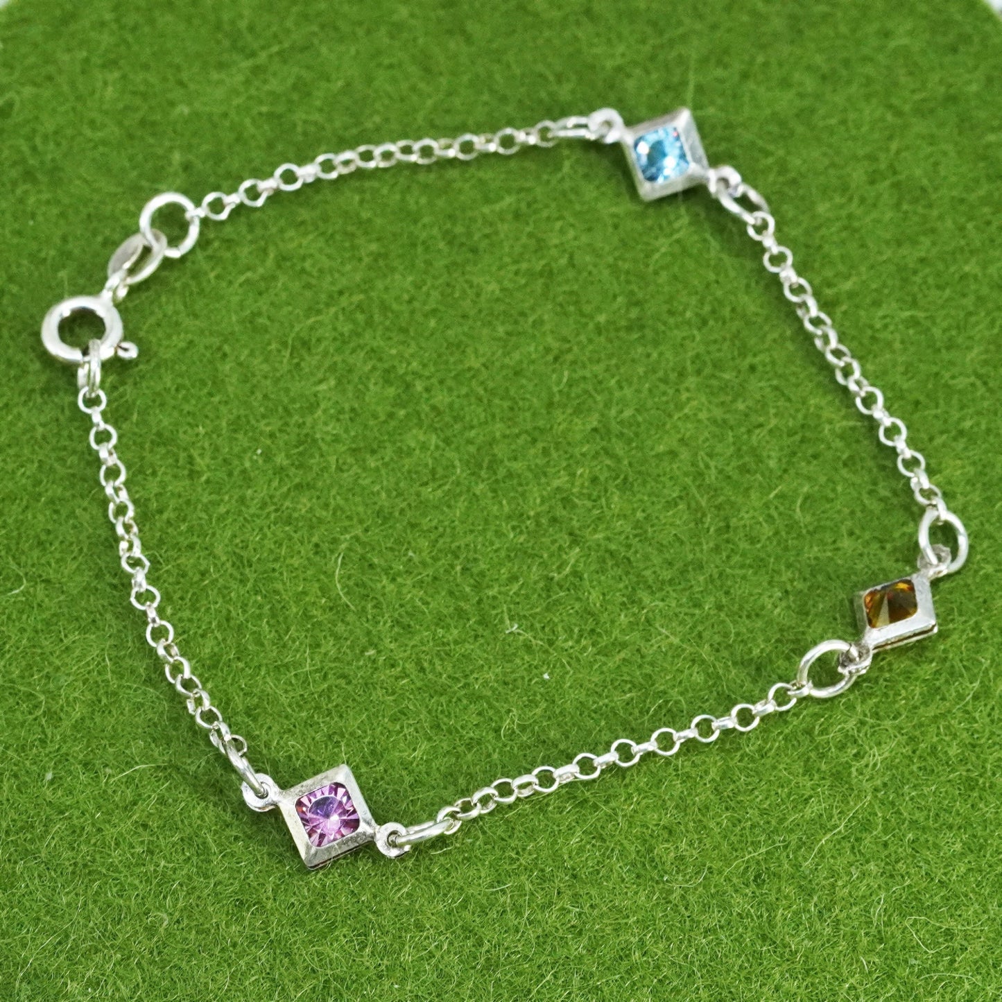 7.25”, Vintage sterling silver bracelet, 925 circle chain with crystal