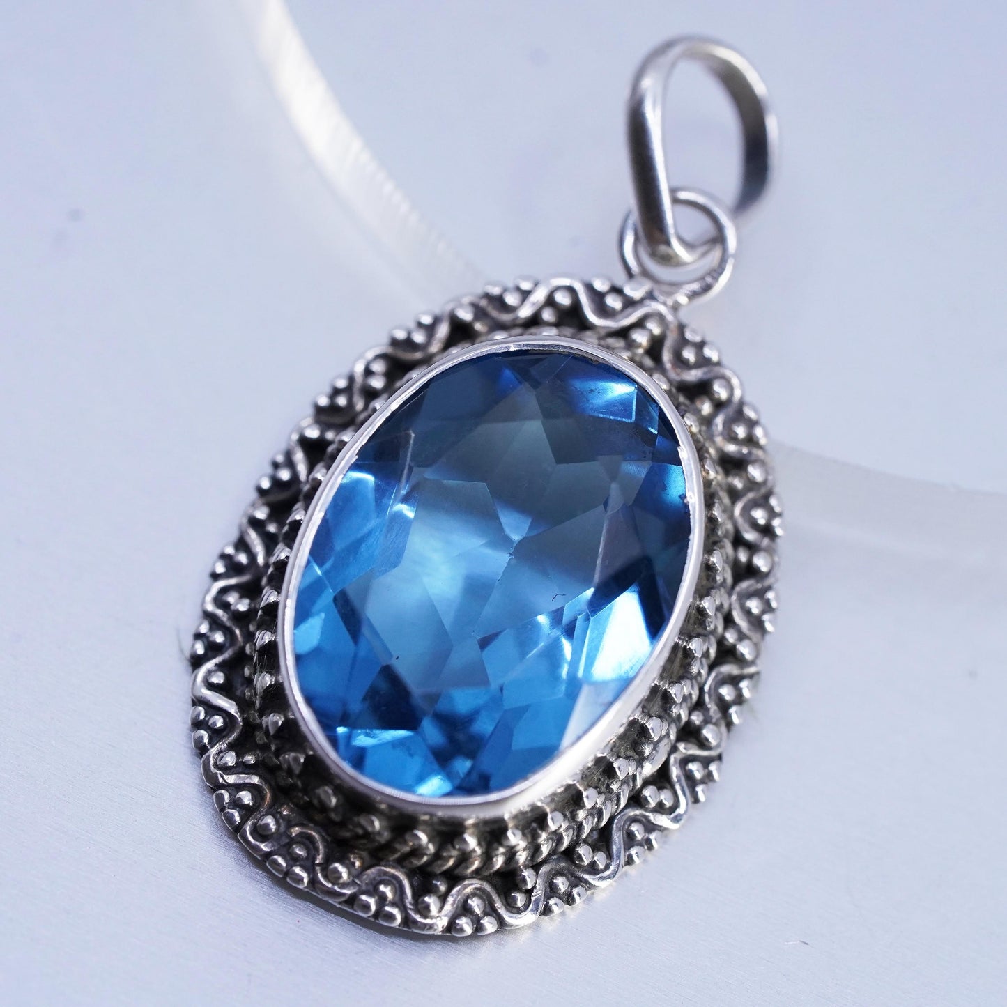 Sterling 925 Silver Blue Topaz Pendant, Oval Faceted Jewelry, Ornate Filigree