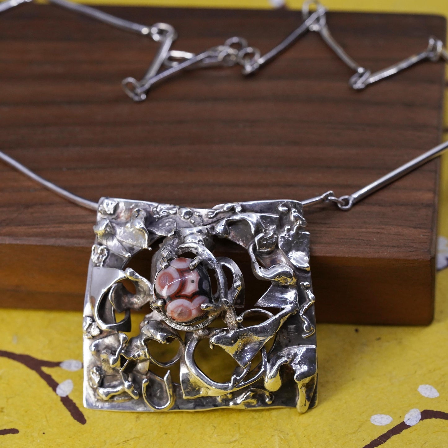 16", Sterling silver brutalism necklace, 925 bar chain oval agate pendant