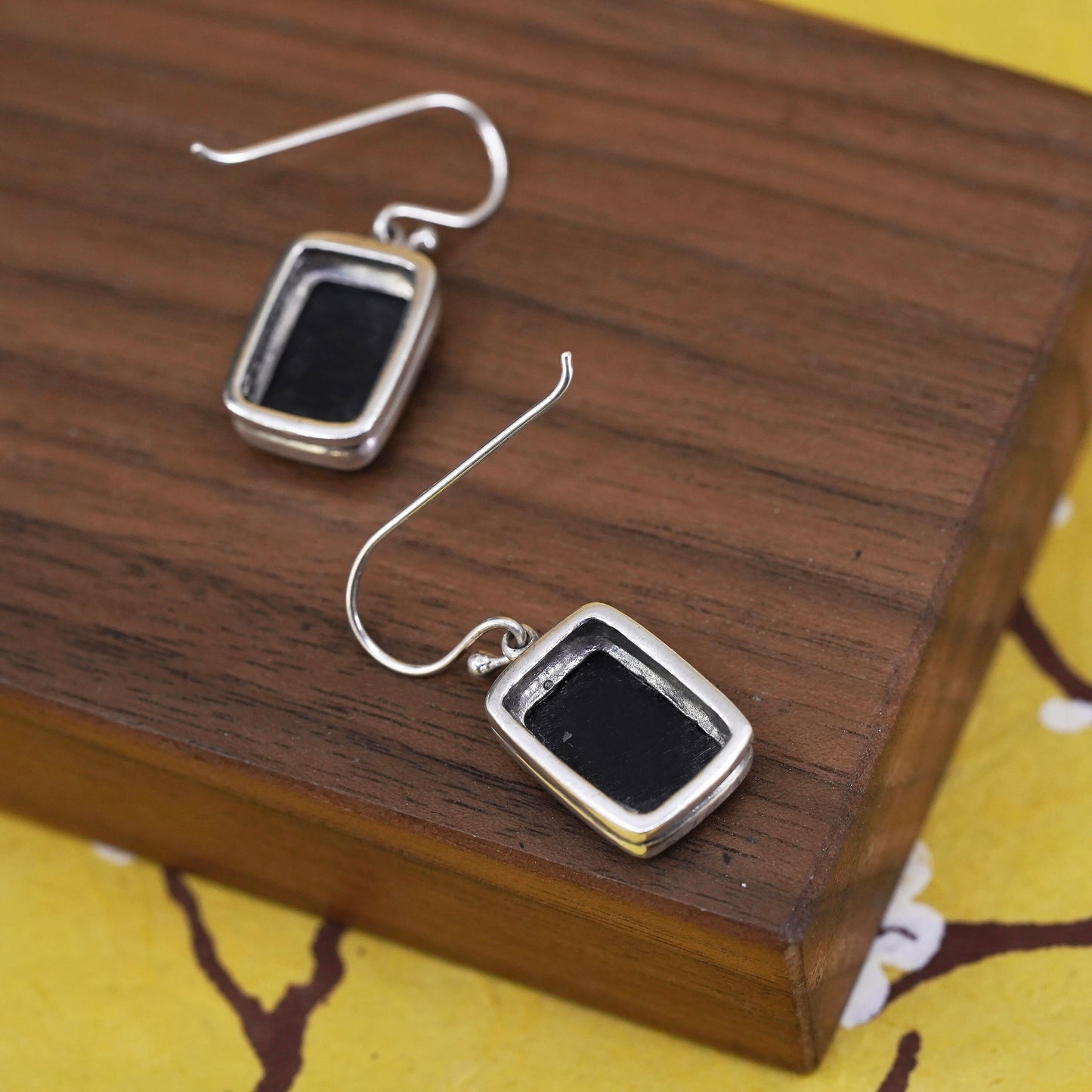 Vintage Sterling silver handmade earrings, Mexico 925 dangle with square onyx